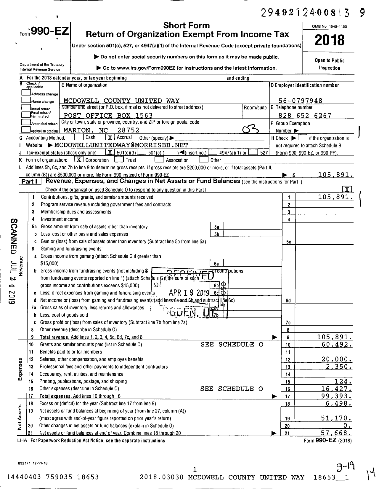 Image of first page of 2018 Form 990EZ for Mcdowell County United Way