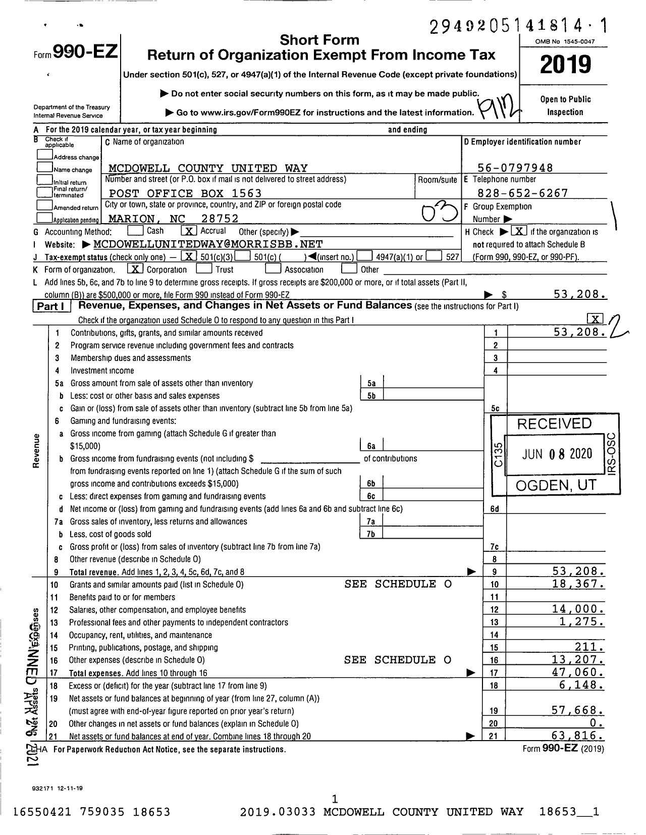 Image of first page of 2019 Form 990EZ for Mcdowell County United Way