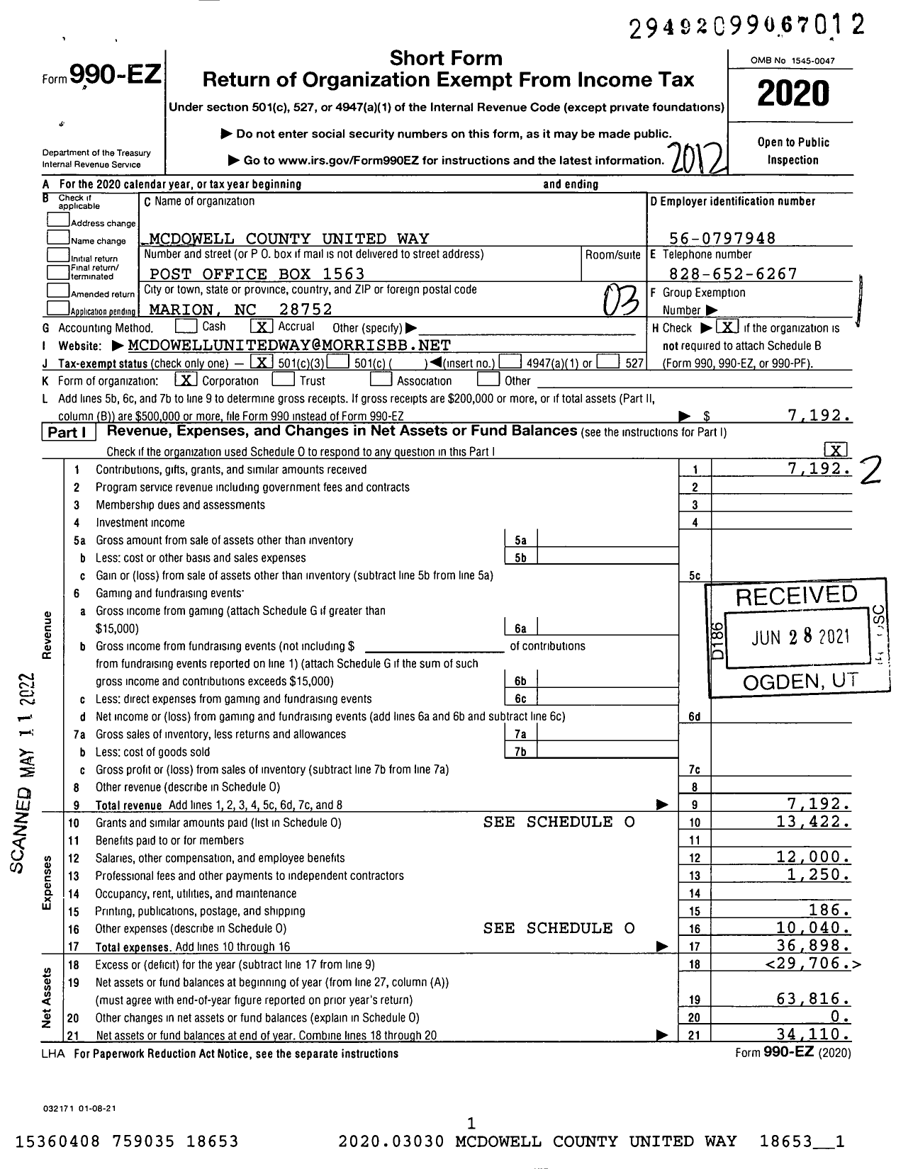 Image of first page of 2020 Form 990EZ for Mcdowell County United Way