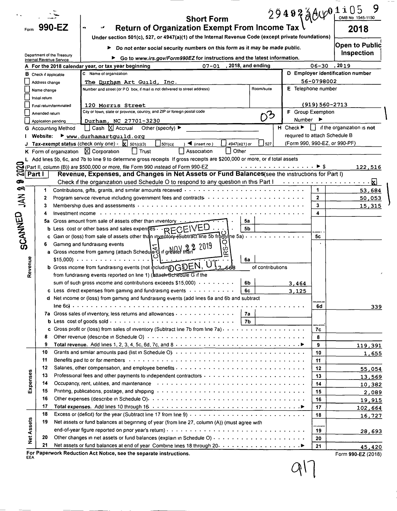 Image of first page of 2018 Form 990EZ for Durham Art Guild