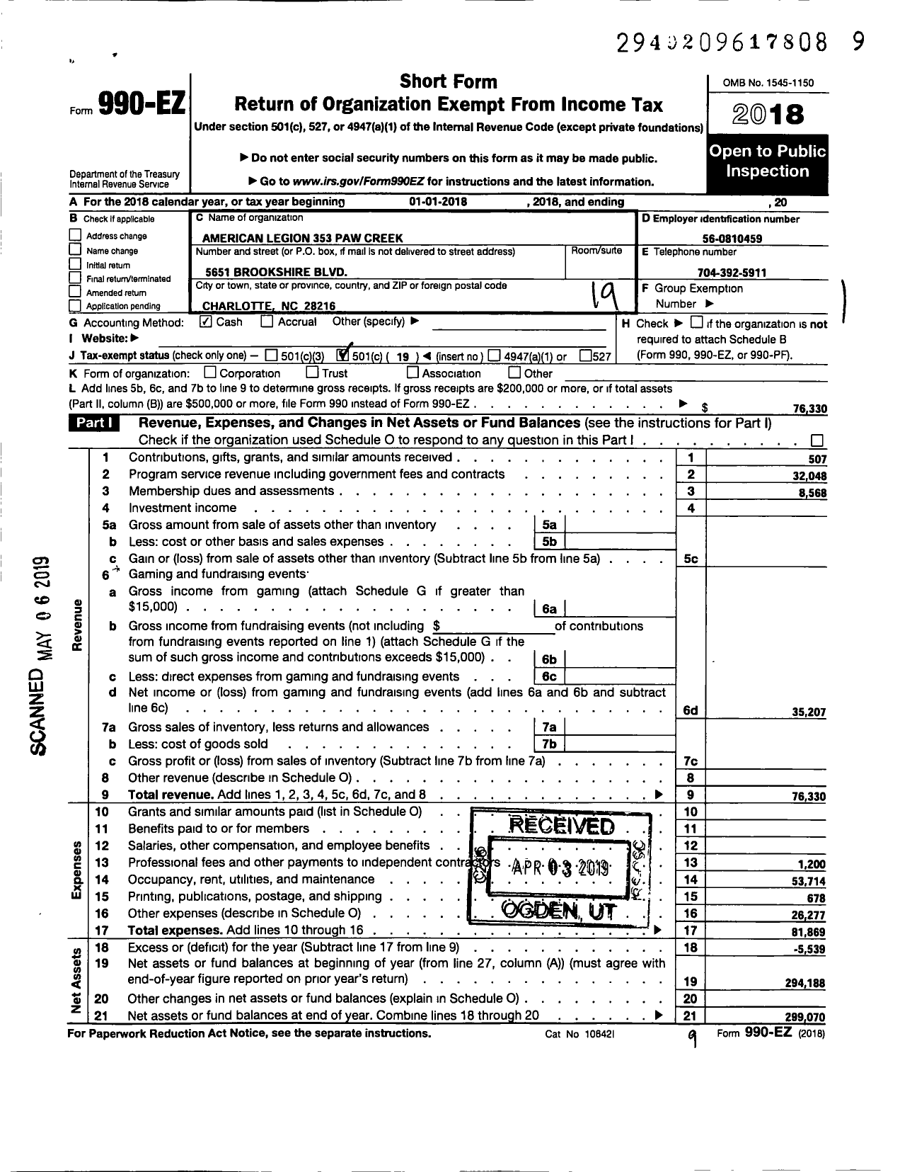 Image of first page of 2018 Form 990EO for American Legion - 353 Paw Creek