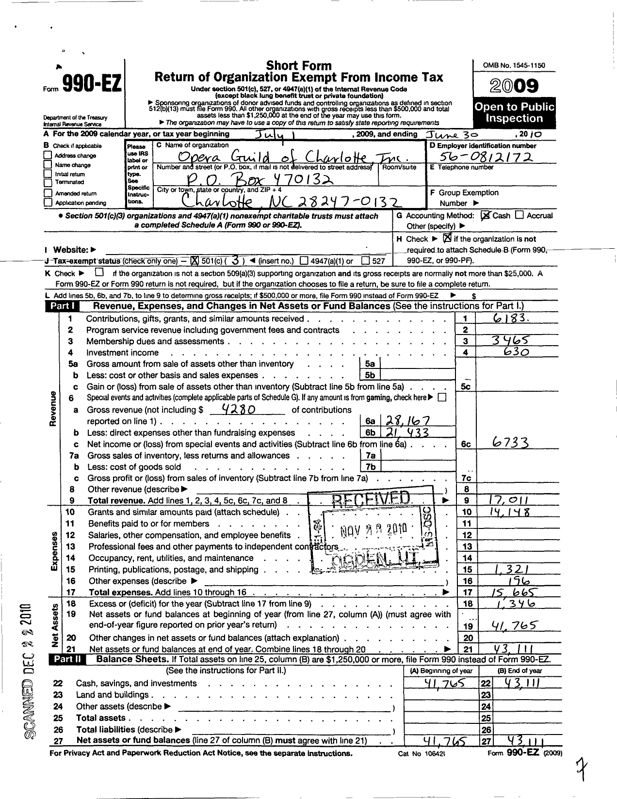 Image of first page of 2009 Form 990EZ for Opera Guild of Charlotte