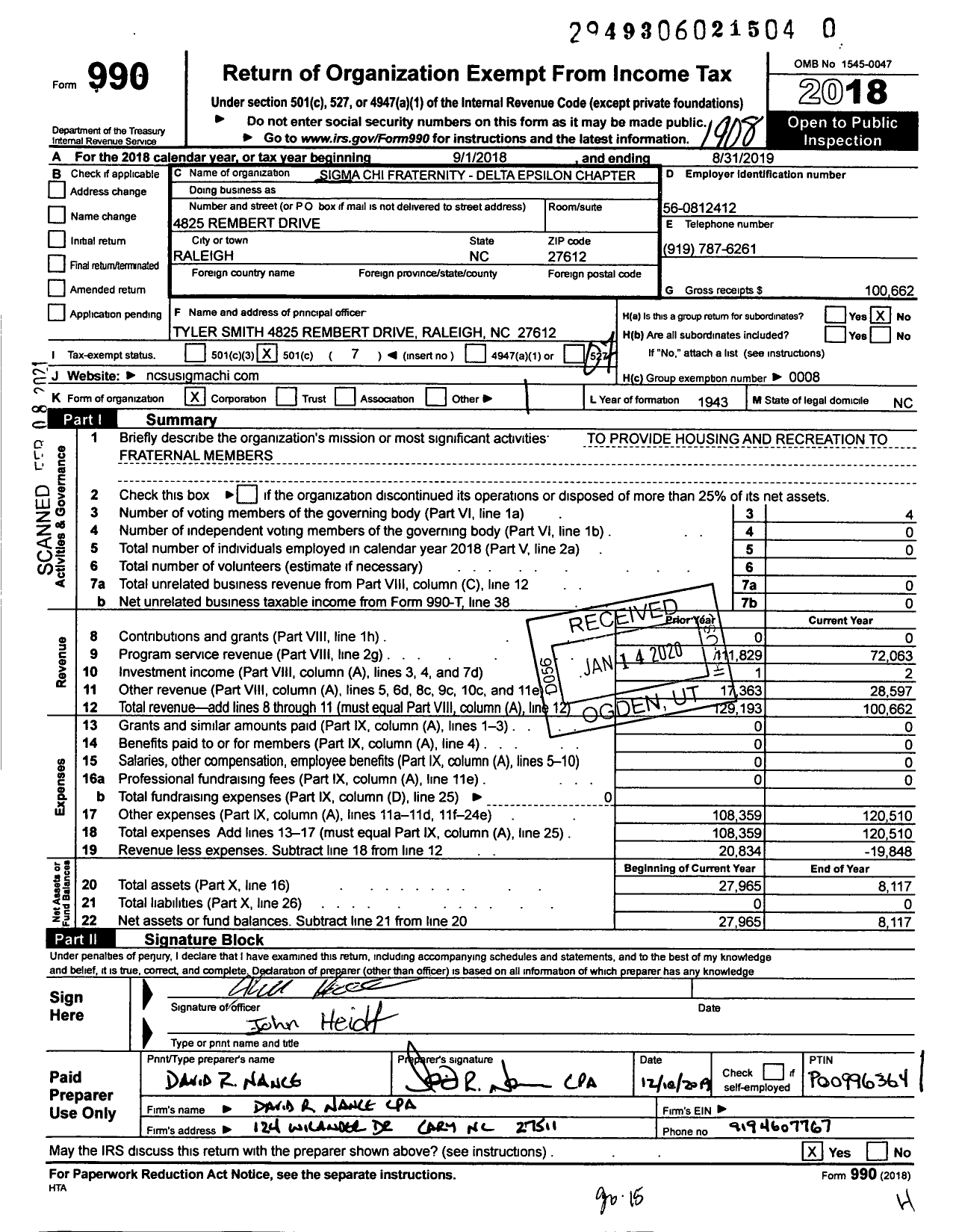 Image of first page of 2018 Form 990O for Sigma Chi Fraternity - Delta Epsilon Chapter-N C State Uni