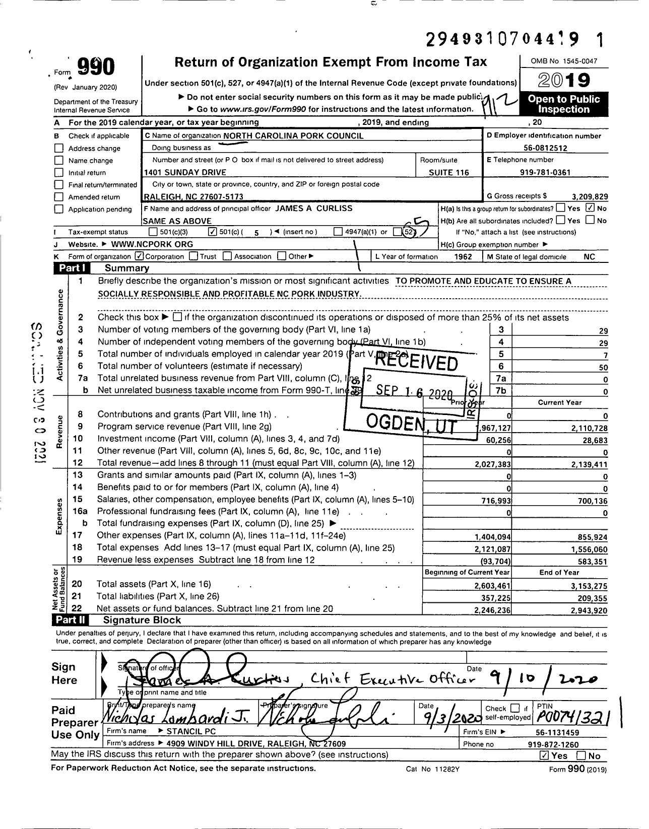 Image of first page of 2019 Form 990O for North Carolina Pork Council