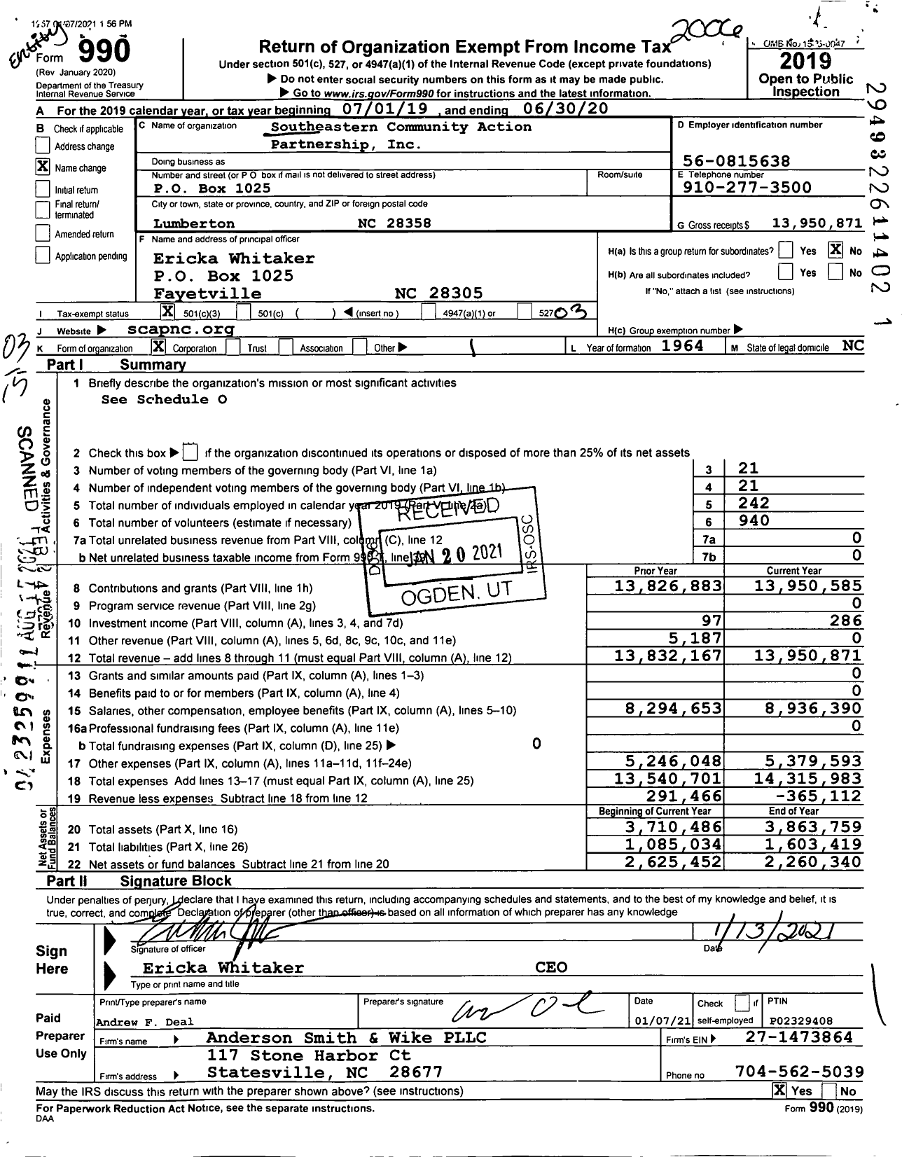 Image of first page of 2019 Form 990 for Southeastern Community Action Partnership