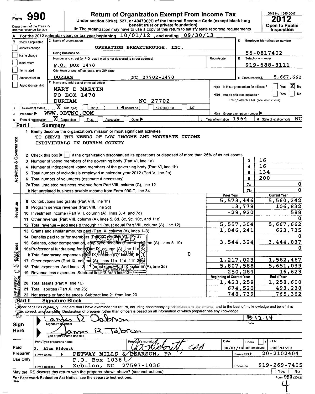 Image of first page of 2012 Form 990 for Operation Breakthrough