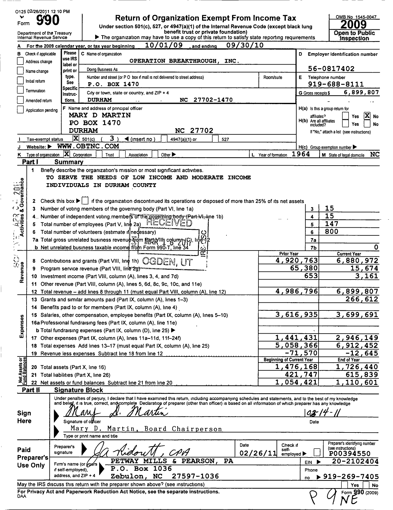 Image of first page of 2009 Form 990 for Operation Breakthrough