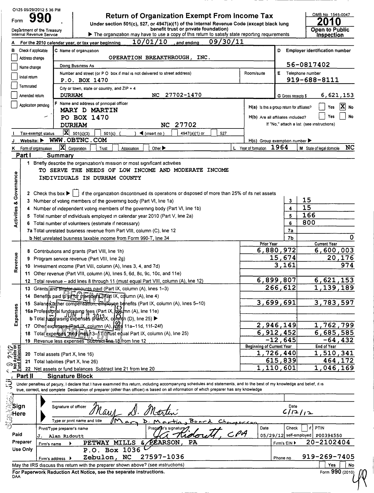 Image of first page of 2010 Form 990 for Operation Breakthrough