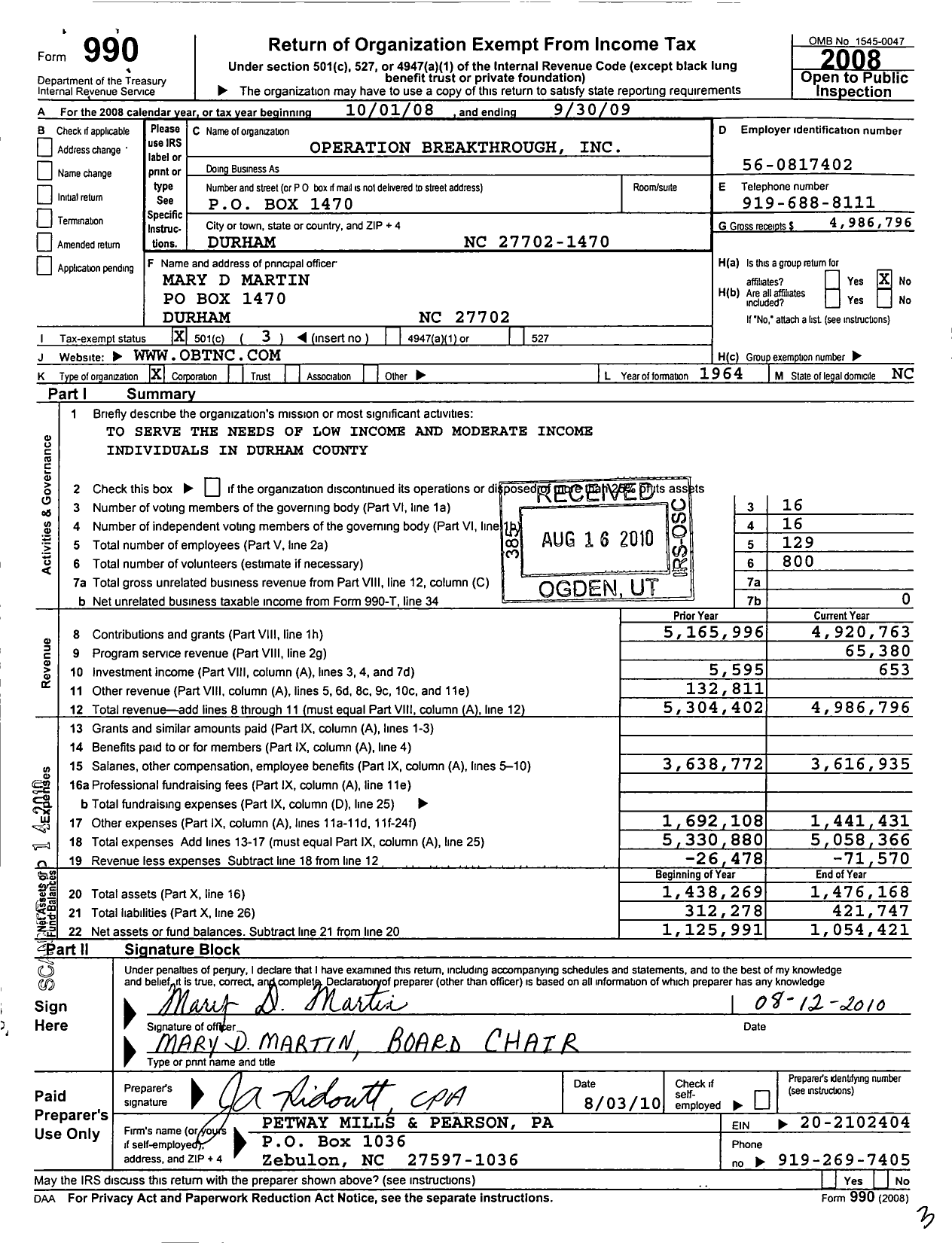 Image of first page of 2008 Form 990 for Operation Breakthrough