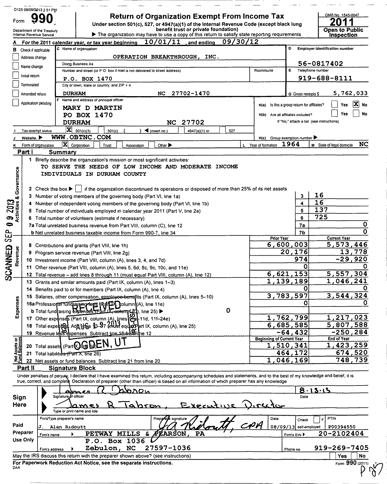 Image of first page of 2011 Form 990 for Operation Breakthrough