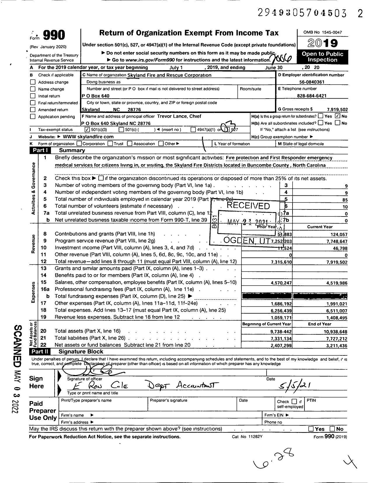 Image of first page of 2019 Form 990 for Skyland Fire and Rescue