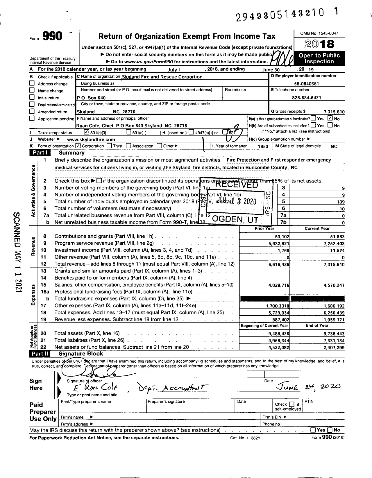 Image of first page of 2018 Form 990 for Skyland Fire and Rescue