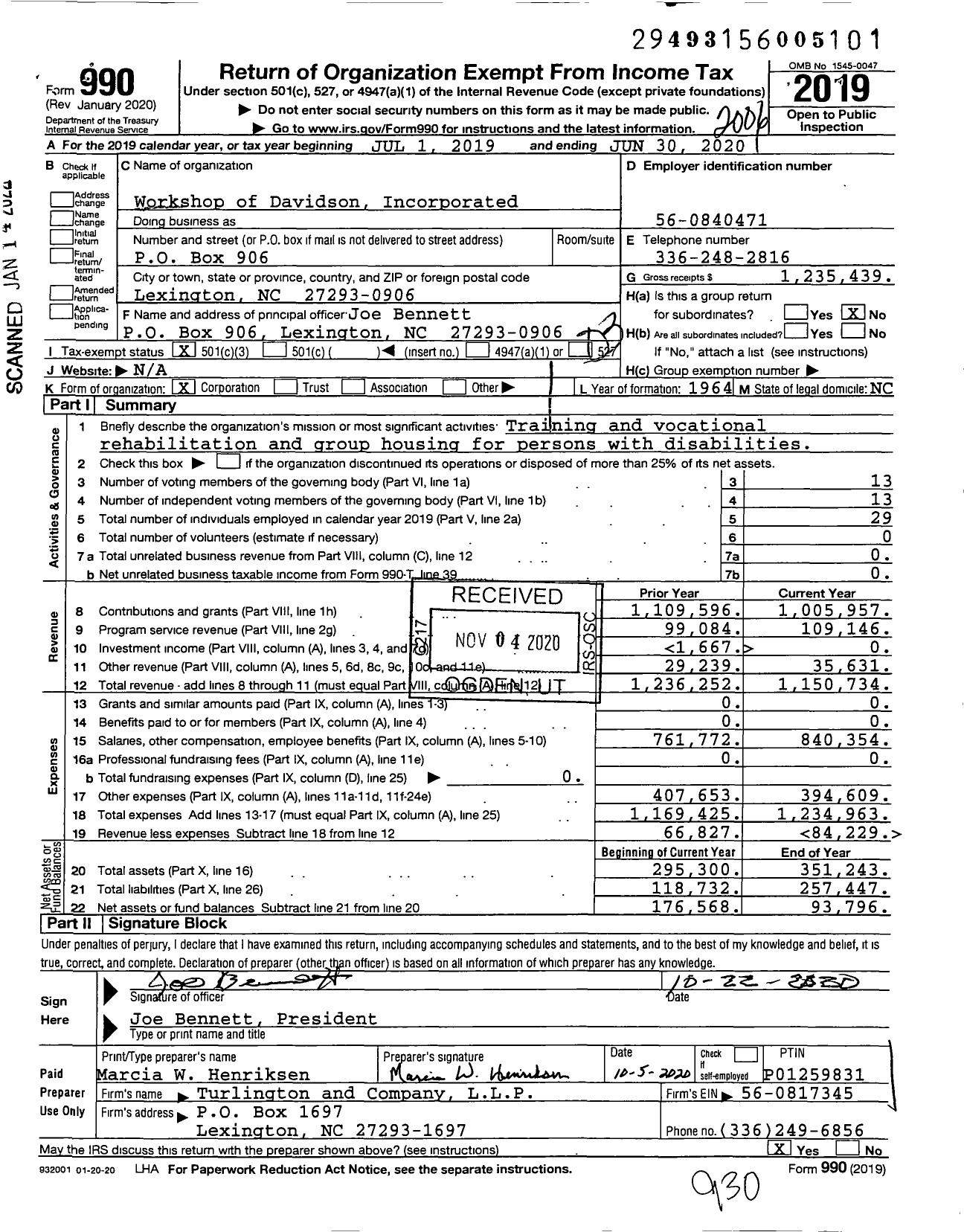 Image of first page of 2019 Form 990 for Workshop of Davidson Incorporated