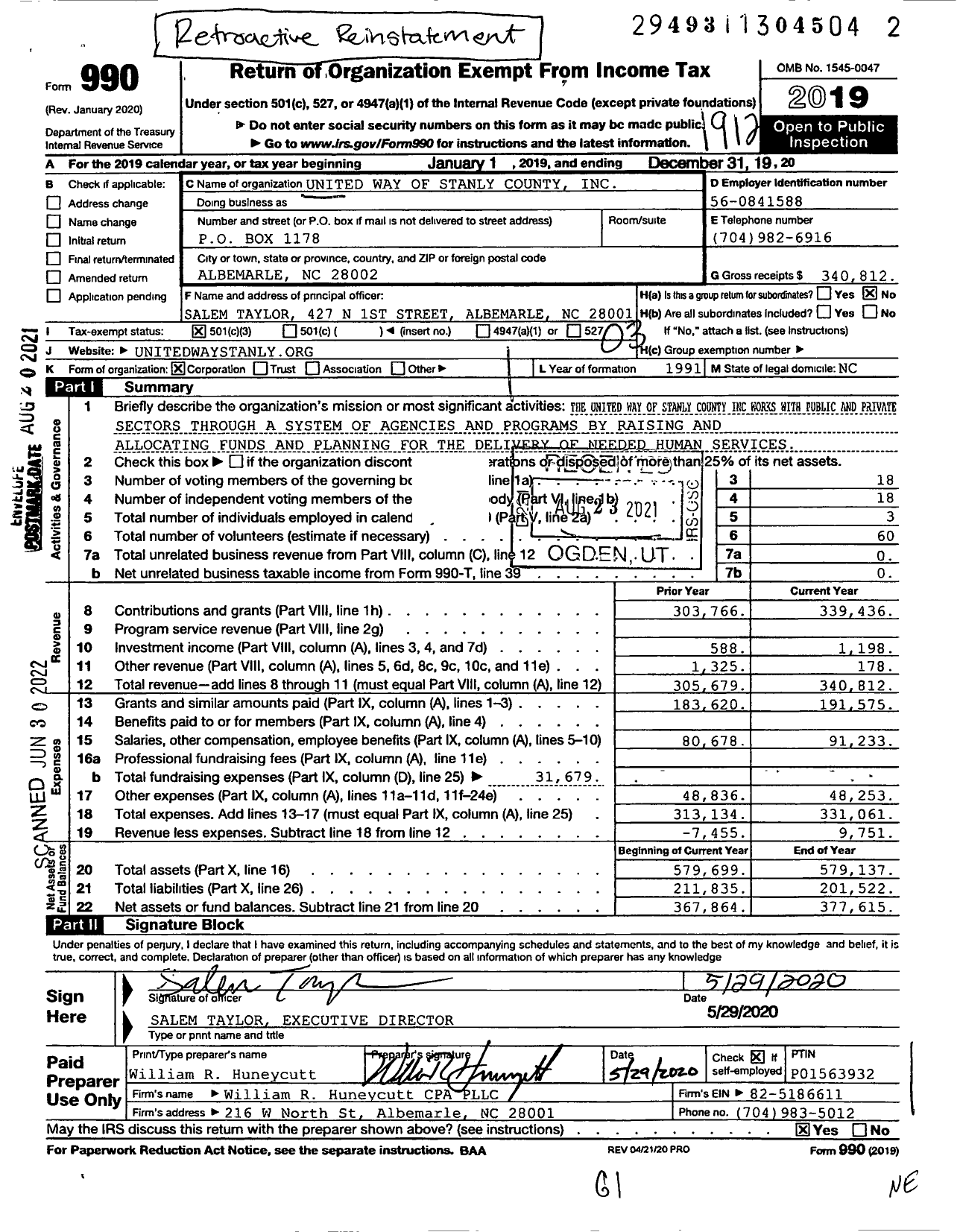 Image of first page of 2019 Form 990 for United Way of Stanly County