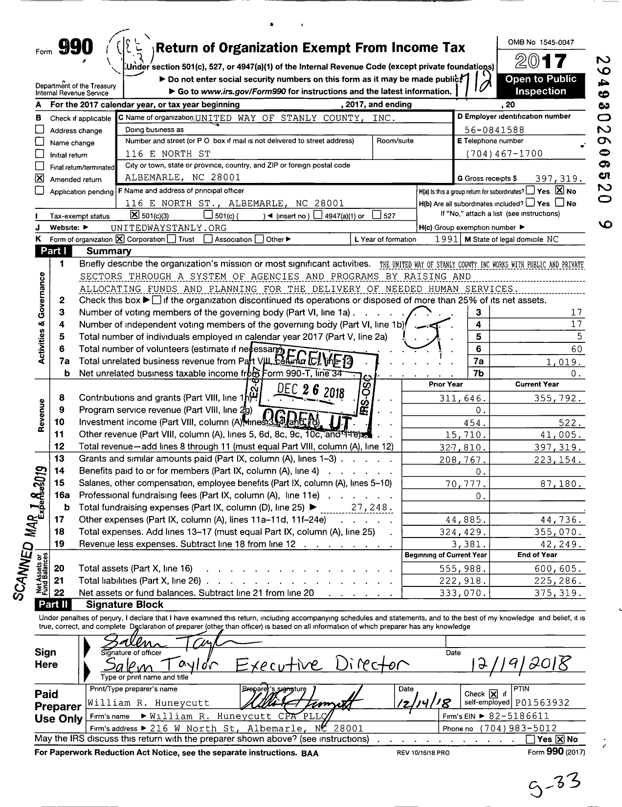 Image of first page of 2017 Form 990 for United Way of Stanly County