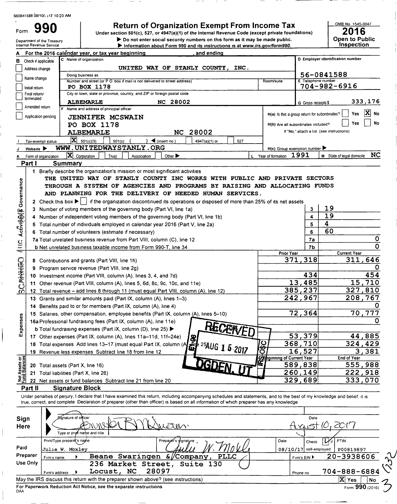 Image of first page of 2016 Form 990 for United Way of Stanly County