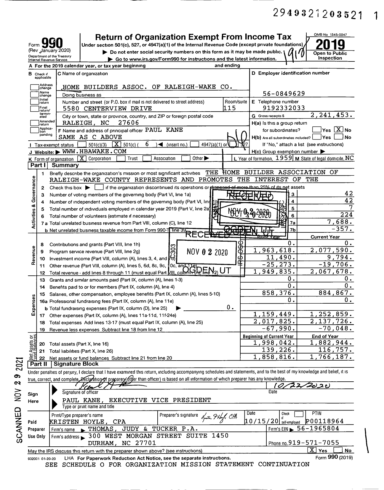 Image of first page of 2019 Form 990O for Home Builders Association of Raleigh-Wake (HBA)