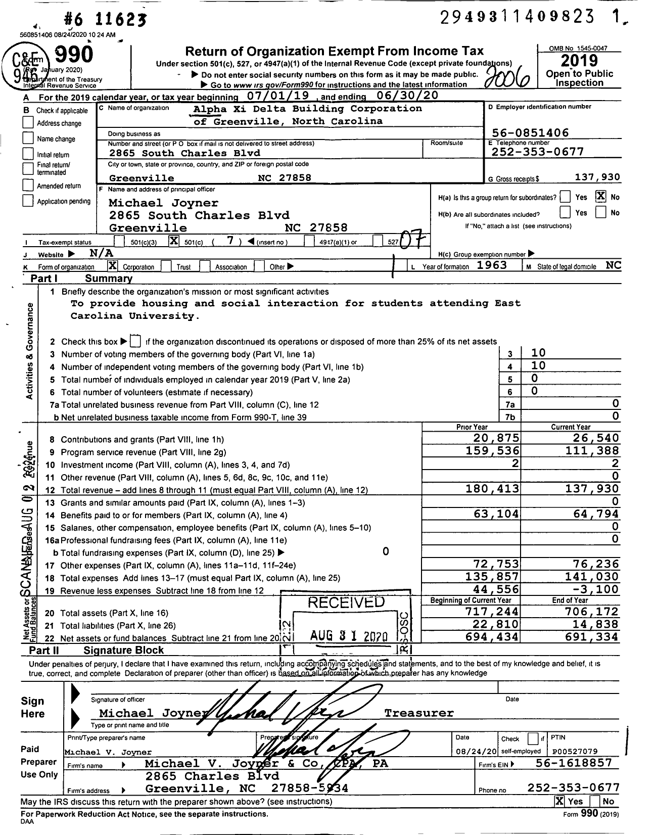 Image of first page of 2019 Form 990O for Alpha Xi Delta Building Corporation of Greenville North Carolina