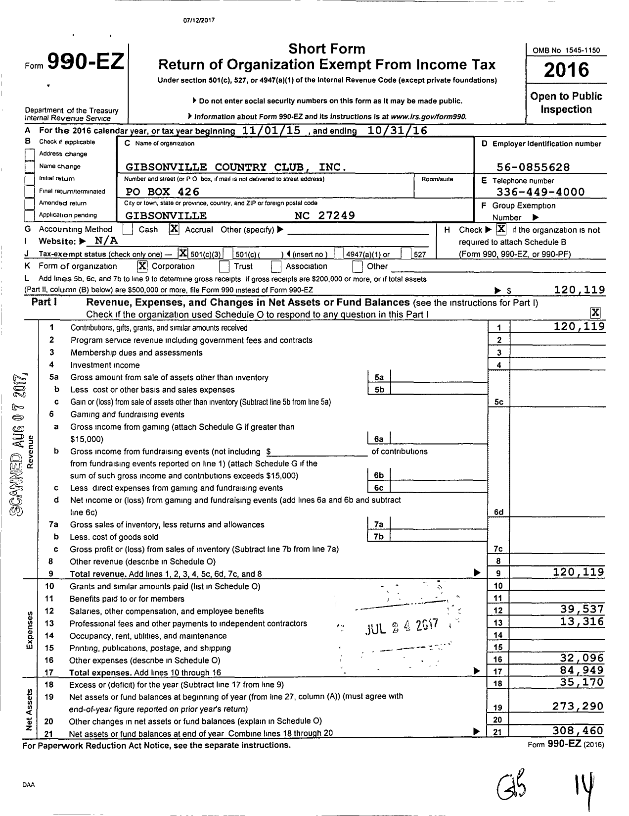 Image of first page of 2015 Form 990EZ for Gibsonville Country Club