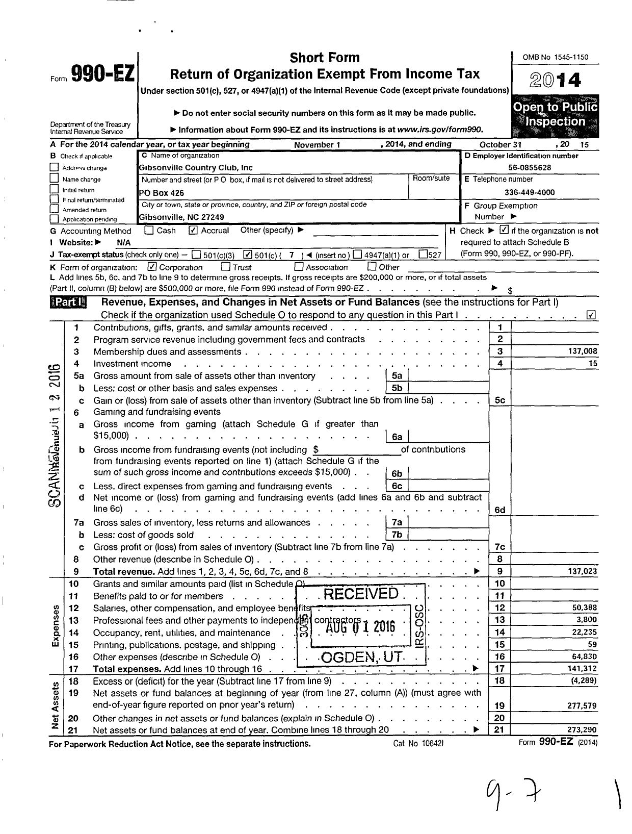 Image of first page of 2014 Form 990EO for Gibsonville Country Club