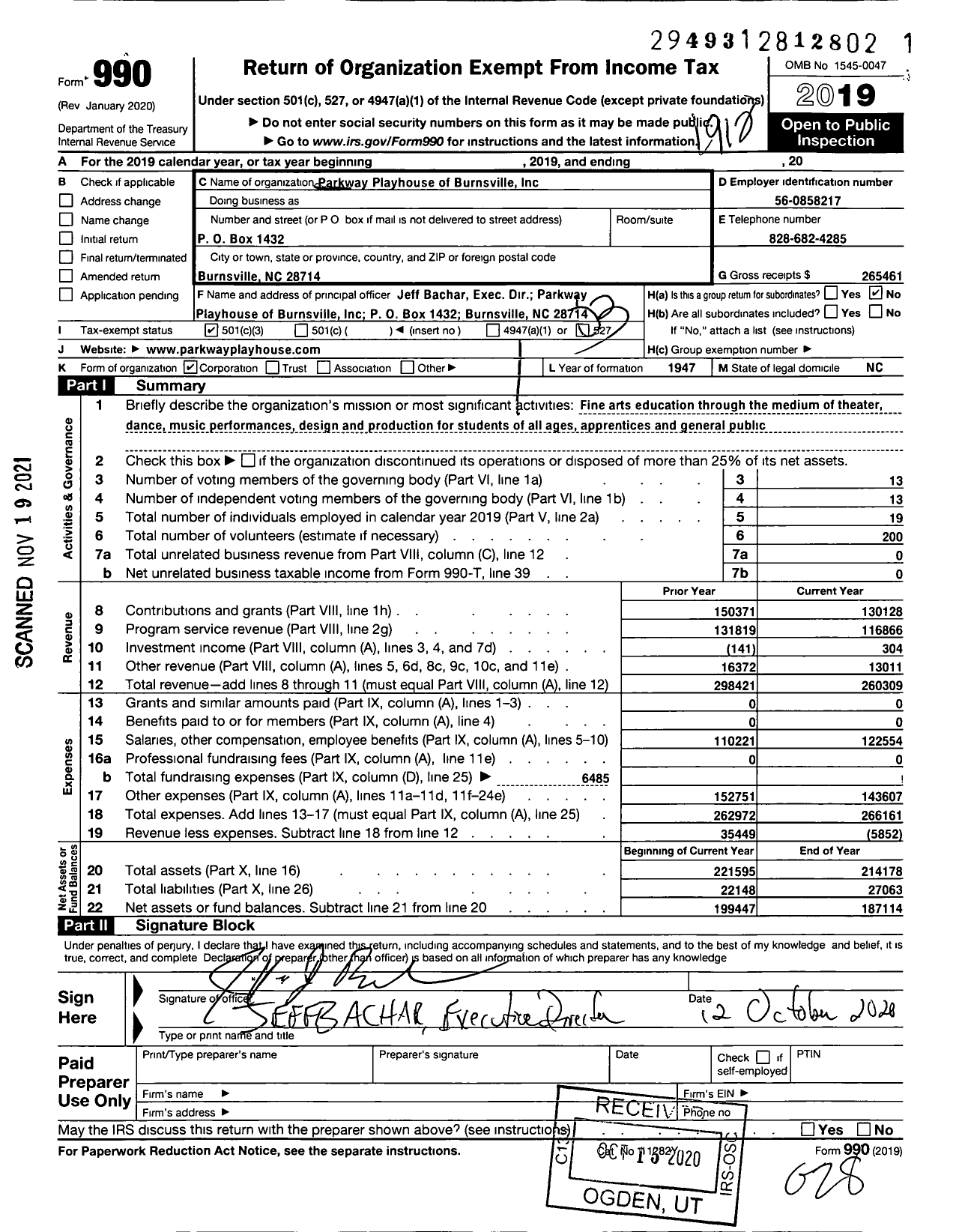 Image of first page of 2019 Form 990 for Parkway Playhouse of Burnsville