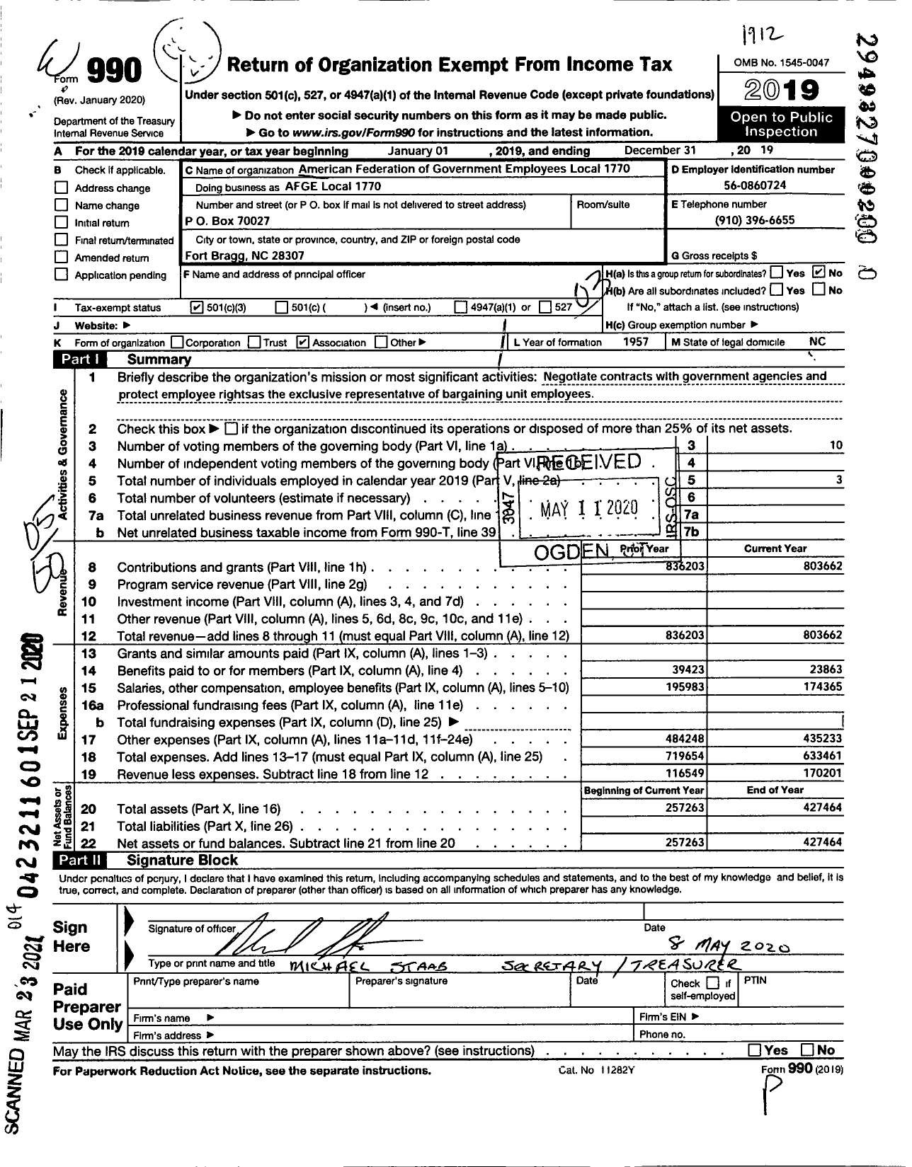 Image of first page of 2019 Form 990 for American Federation of Government Employees Local 1770