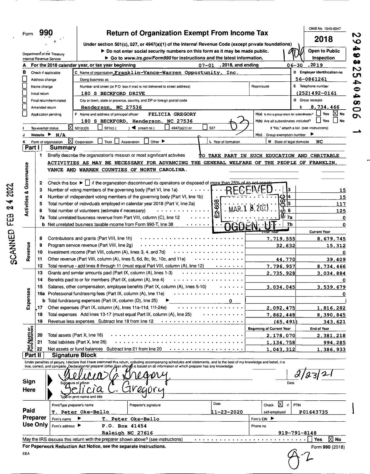 Image of first page of 2018 Form 990 for Franklin Vance Warren Opportunity
