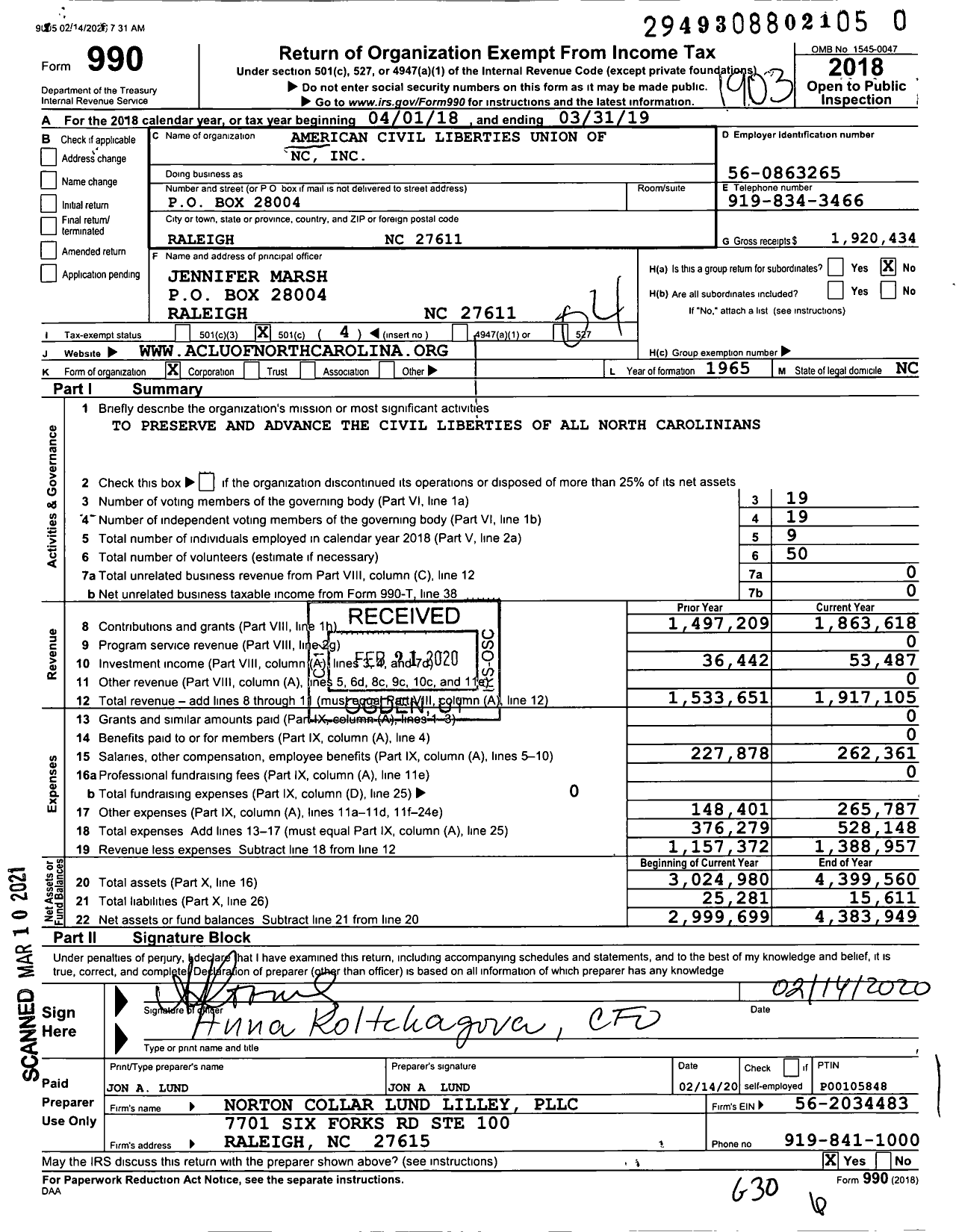 Image of first page of 2018 Form 990O for American Civil Liberties Union of North Carolina