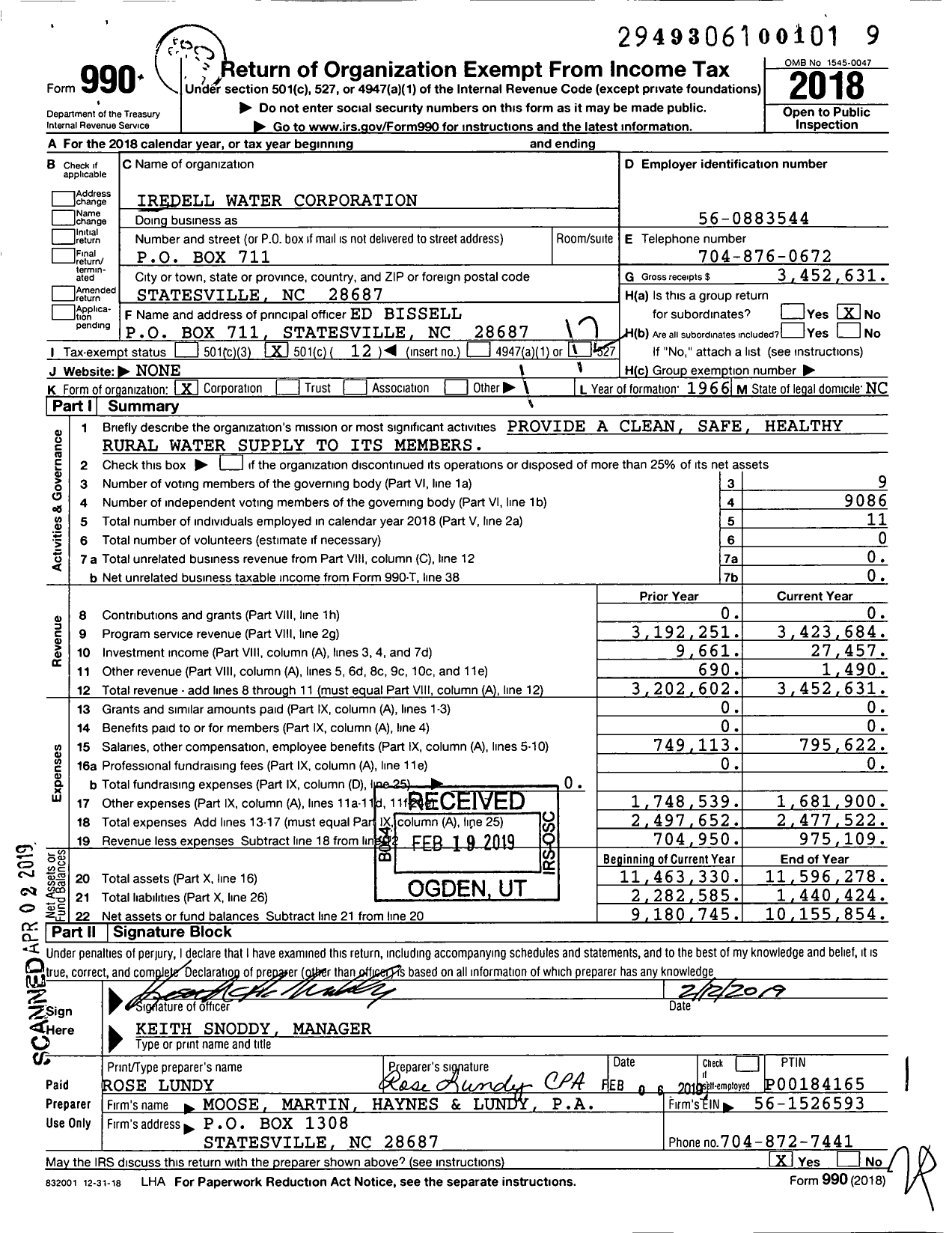 Image of first page of 2018 Form 990O for Iredell Water Corporation