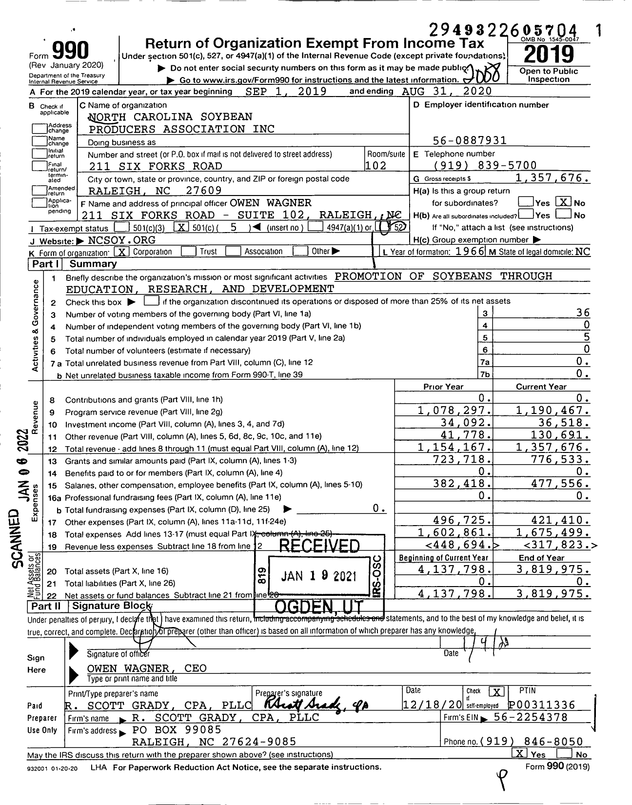 Image of first page of 2019 Form 990O for North Carolina Soybean Producers Association