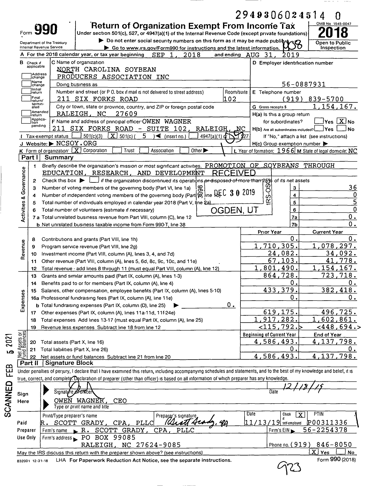 Image of first page of 2018 Form 990O for North Carolina Soybean Producers Association