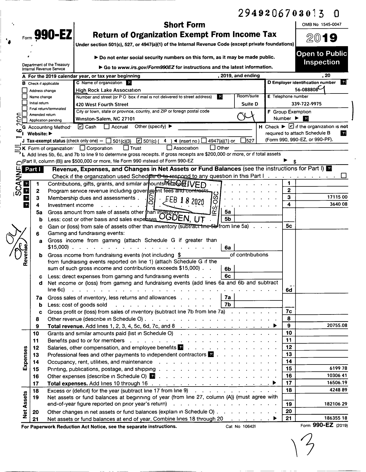 Image of first page of 2019 Form 990EO for High Rock Lake Association