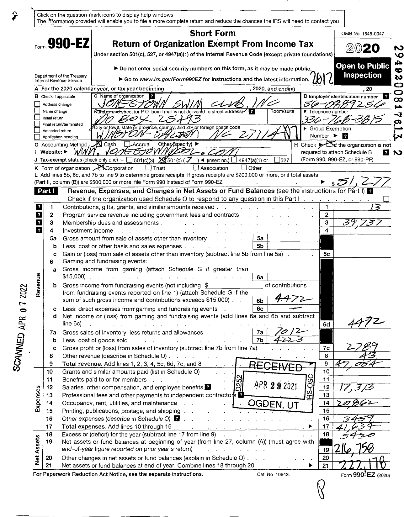 Image of first page of 2020 Form 990EO for Jonestown Swim Club