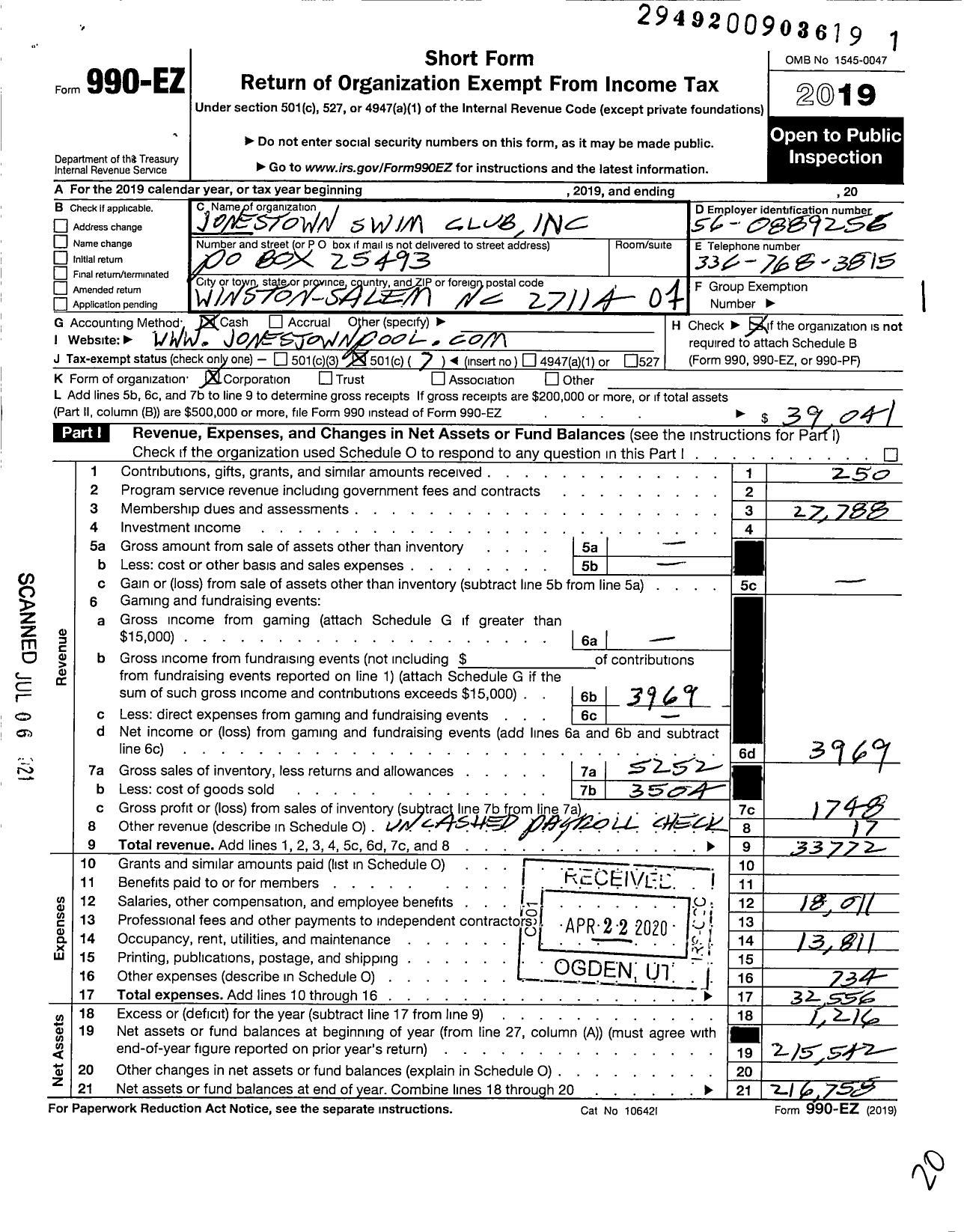 Image of first page of 2019 Form 990EO for Jonestown Swim Club