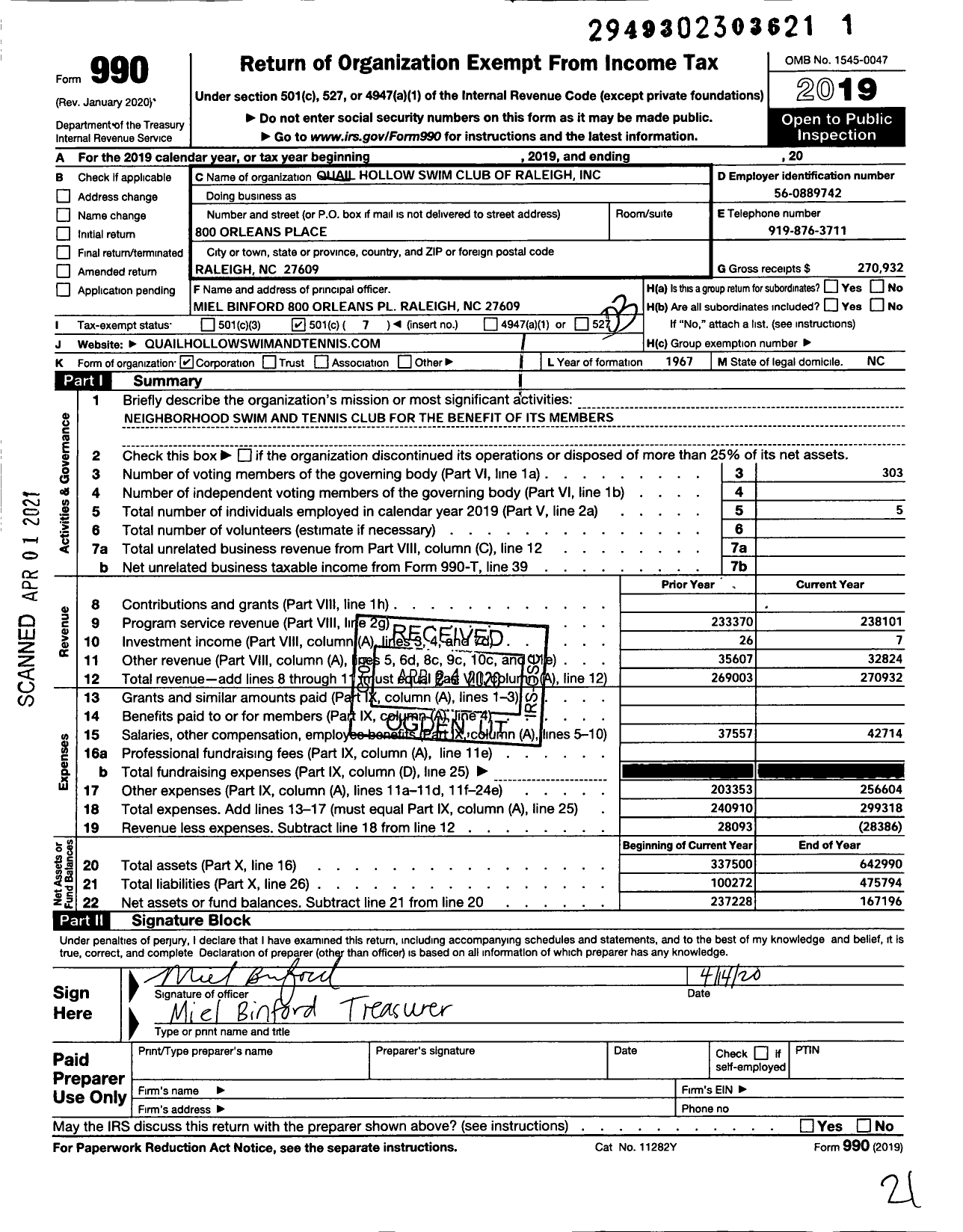 Image of first page of 2019 Form 990 for Quail Hollow Swim Club of Raleigh