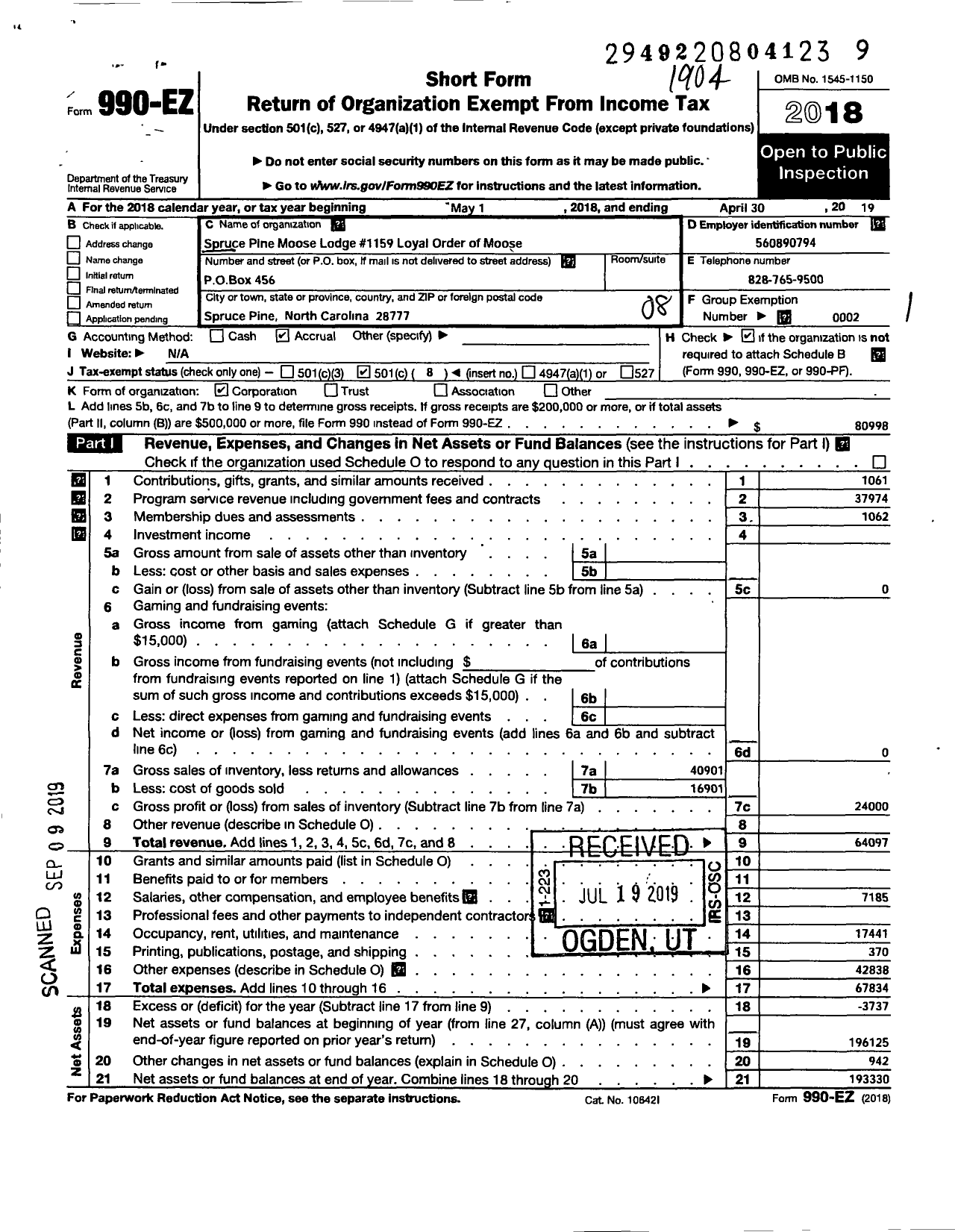 Image of first page of 2018 Form 990EO for Loyal Order of Moose - 1159