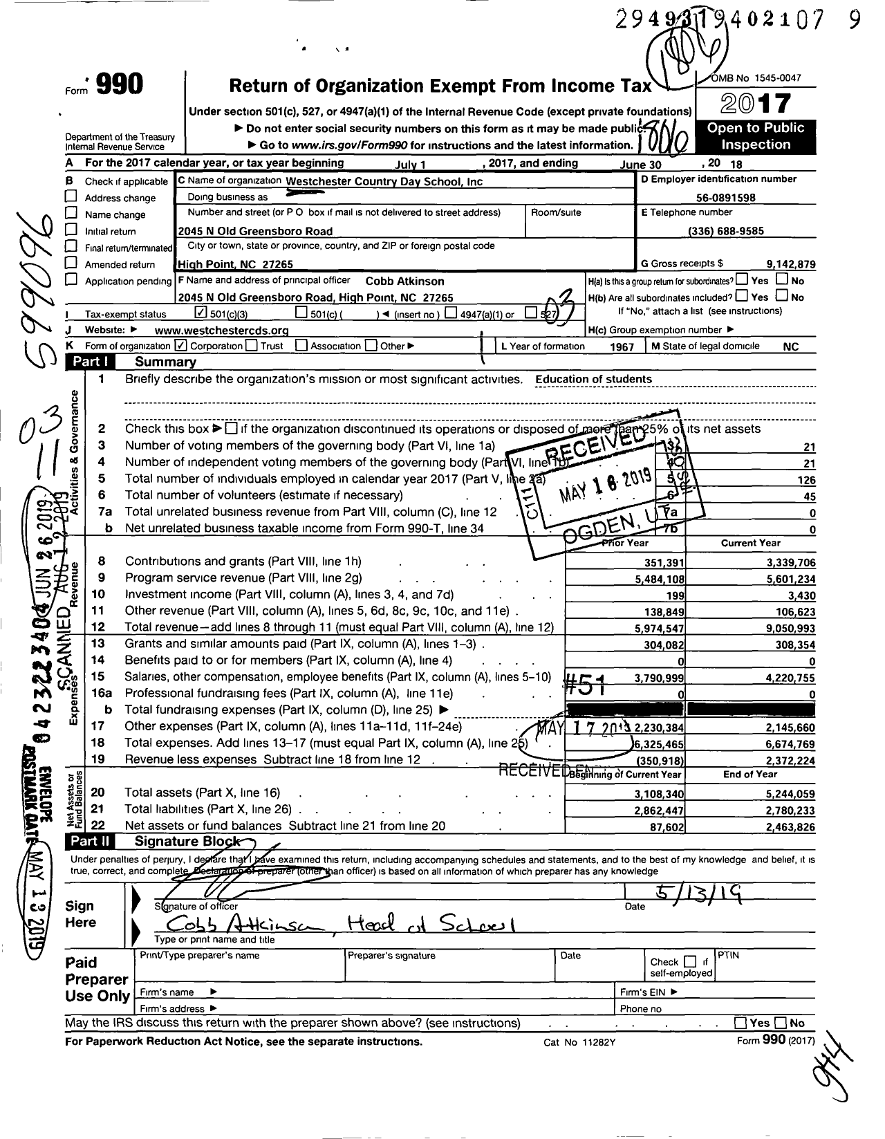 Image of first page of 2017 Form 990 for Westchester Country Day School