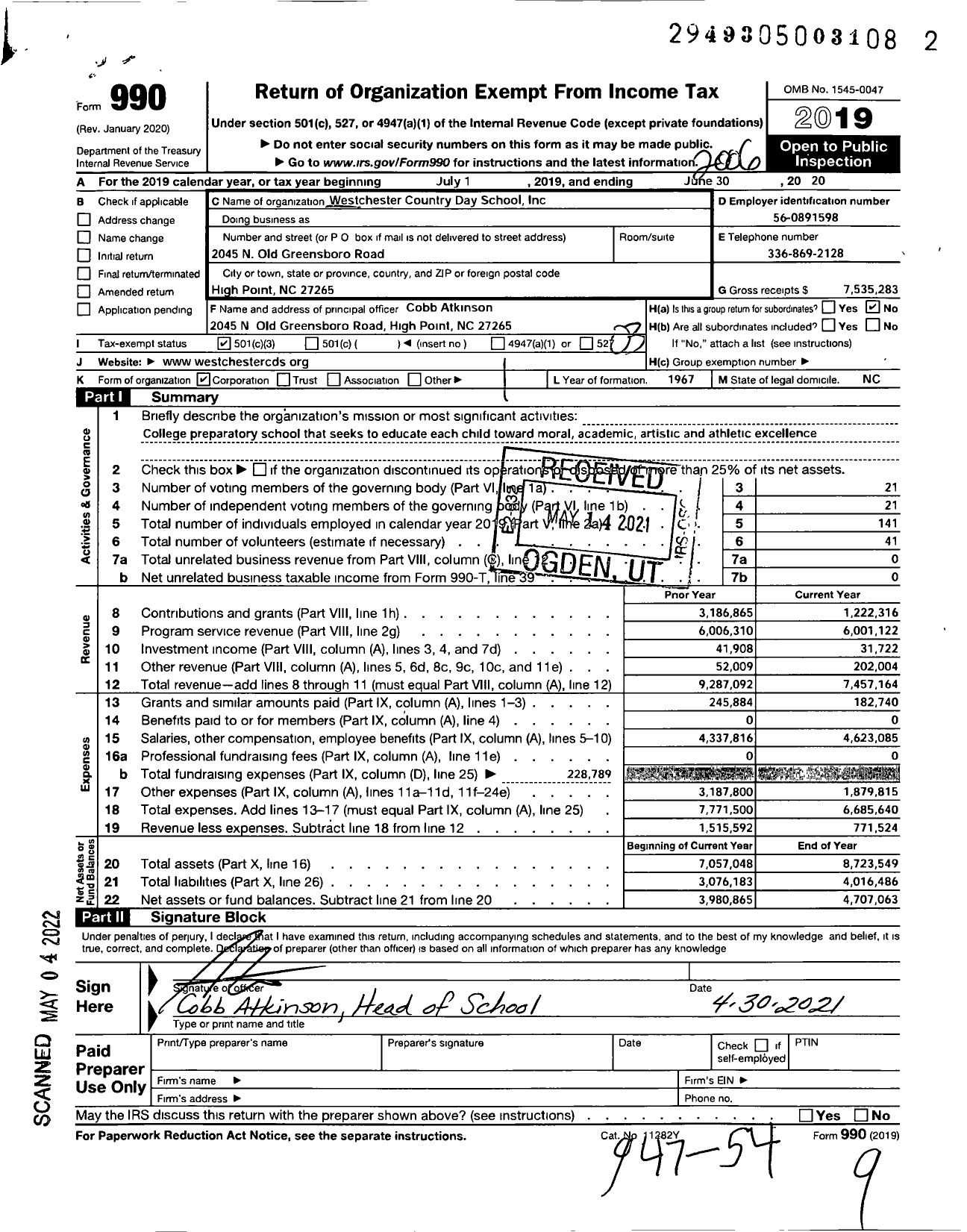 Image of first page of 2019 Form 990 for Westchester Country Day School