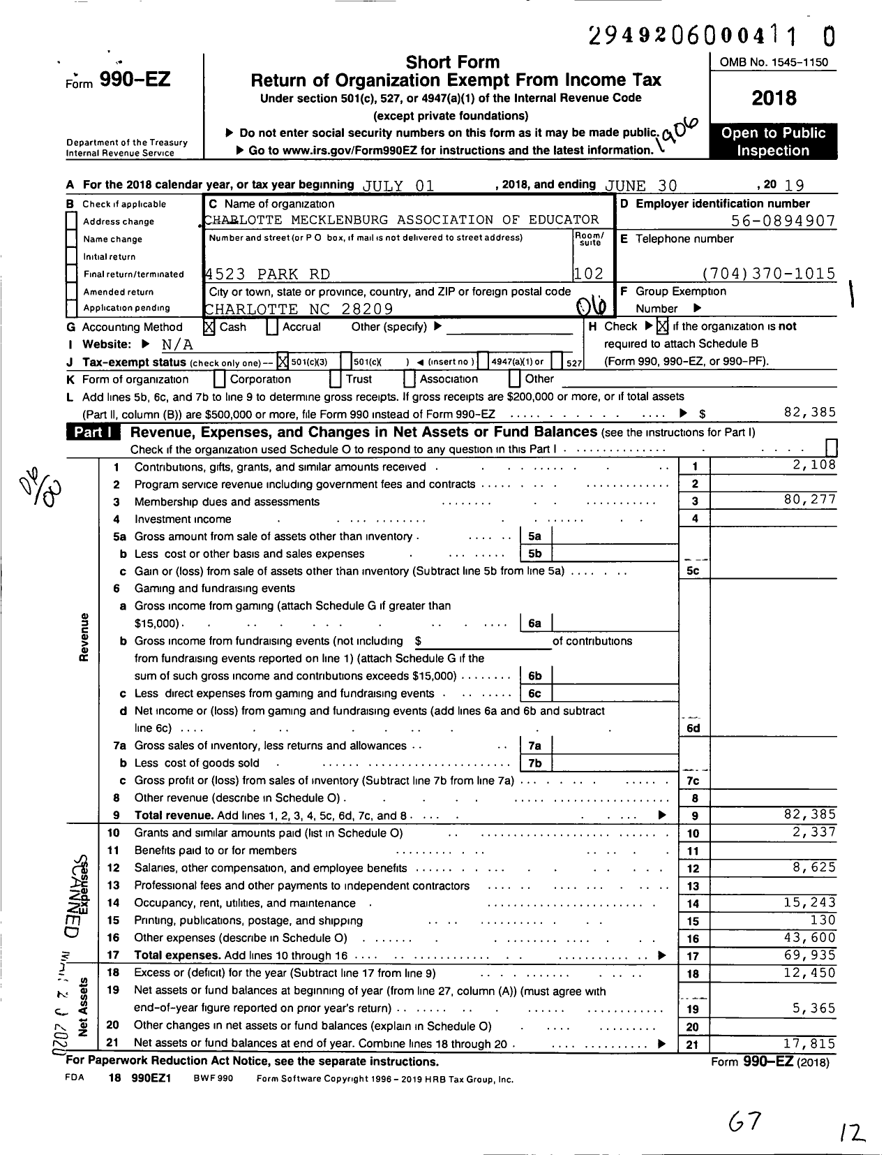 Image of first page of 2018 Form 990EO for Charlotte Mecklenburg Association of Educators