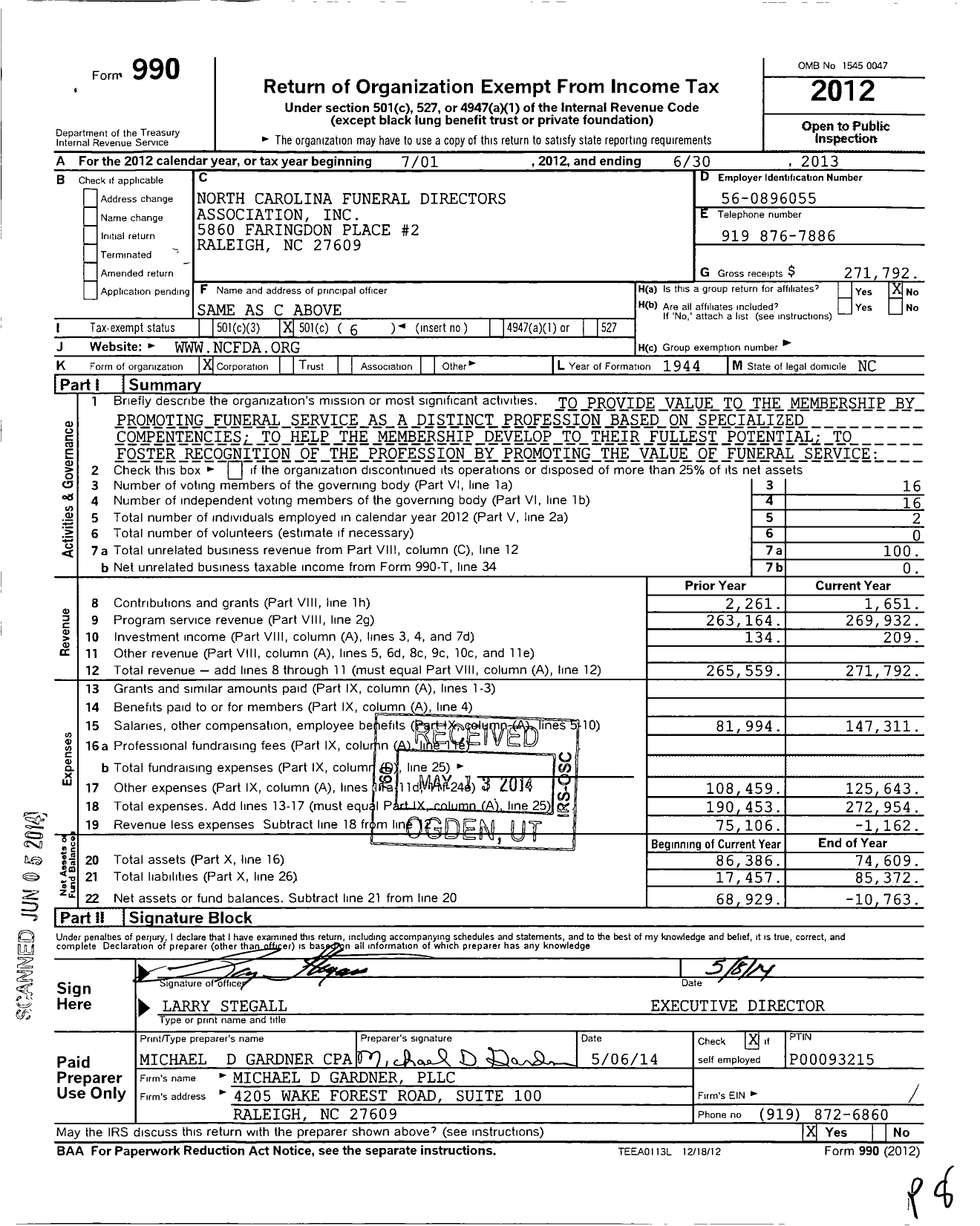 Image of first page of 2012 Form 990O for North Carolina Funeral Directors Association