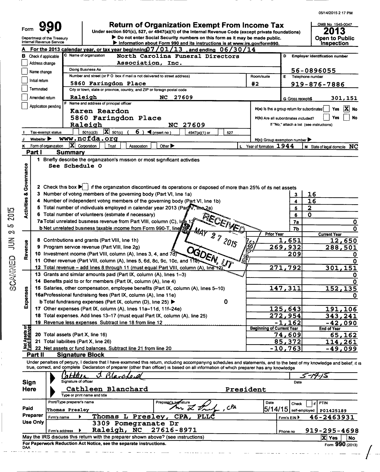 Image of first page of 2013 Form 990O for North Carolina Funeral Directors Association