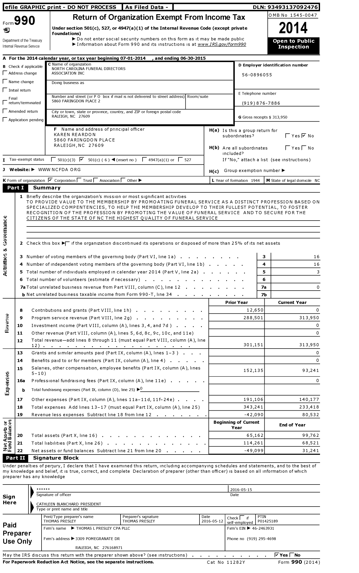 Image of first page of 2014 Form 990O for North Carolina Funeral Directors Association