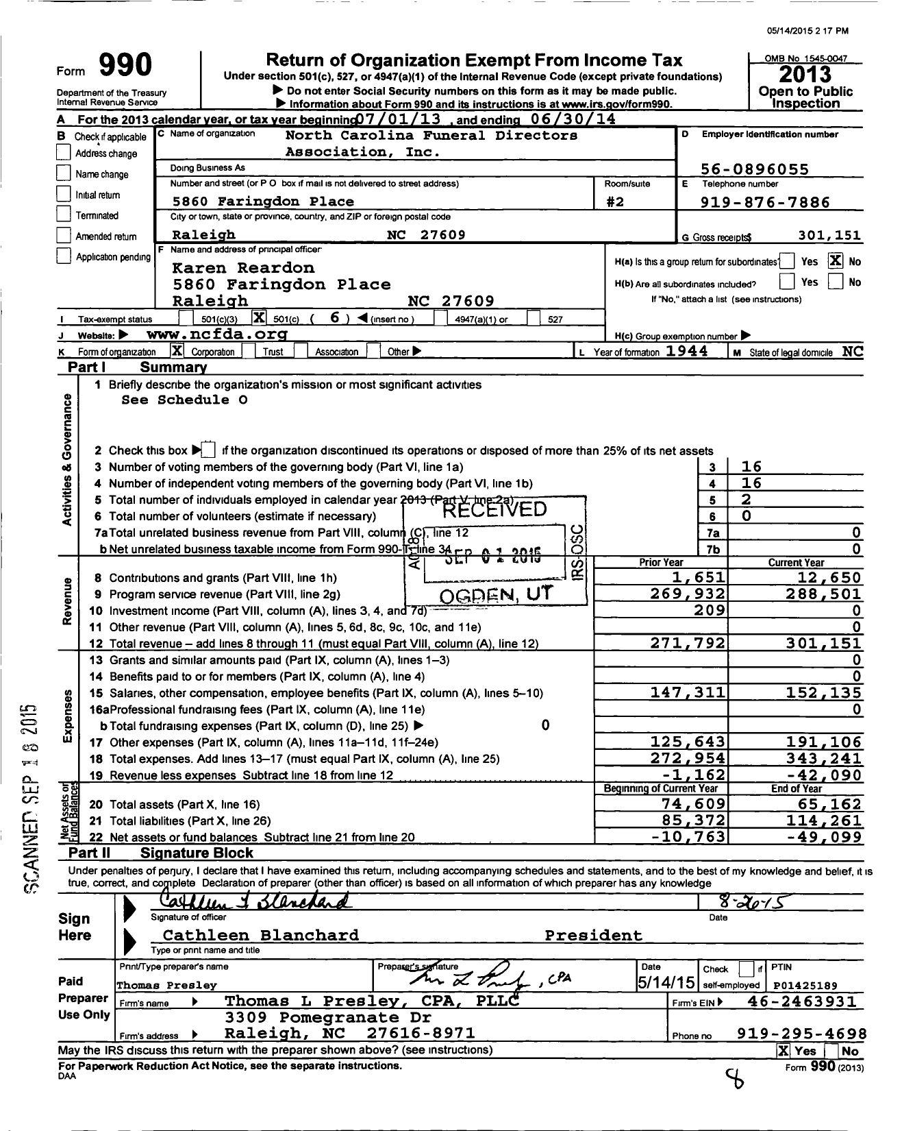 Image of first page of 2013 Form 990O for North Carolina Funeral Directors Association