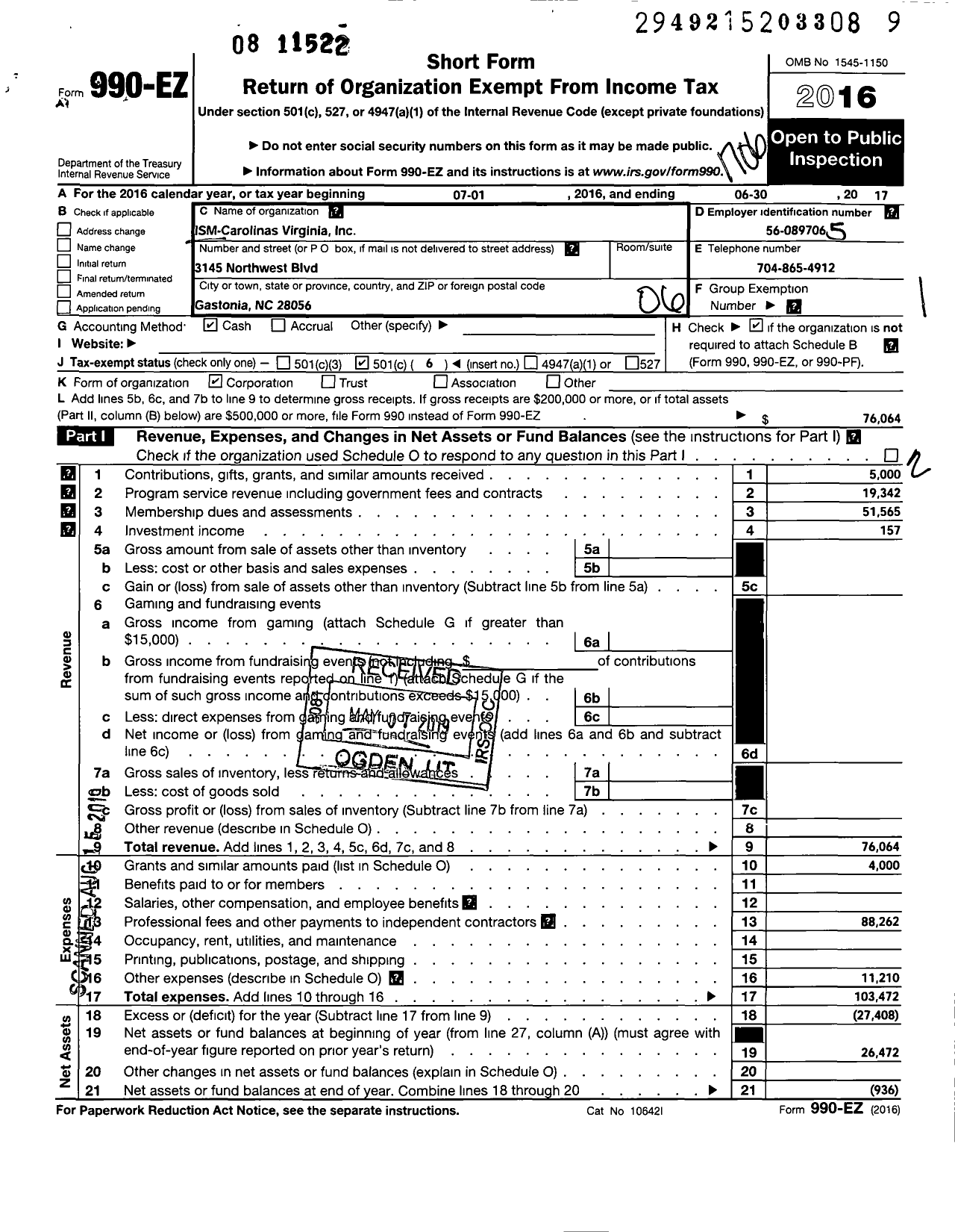 Image of first page of 2016 Form 990EO for Ism Carolinas Virginia