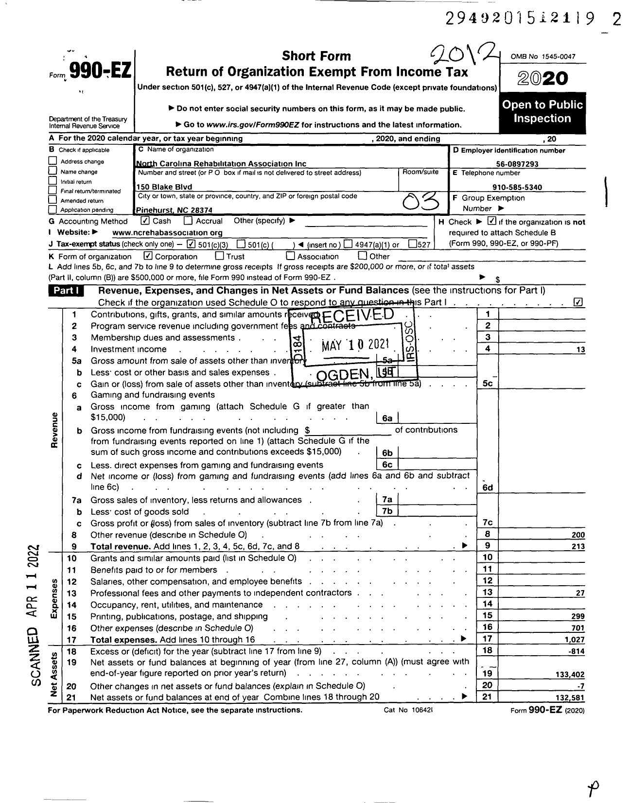 Image of first page of 2020 Form 990EZ for North Carolina Rehabilitation Association