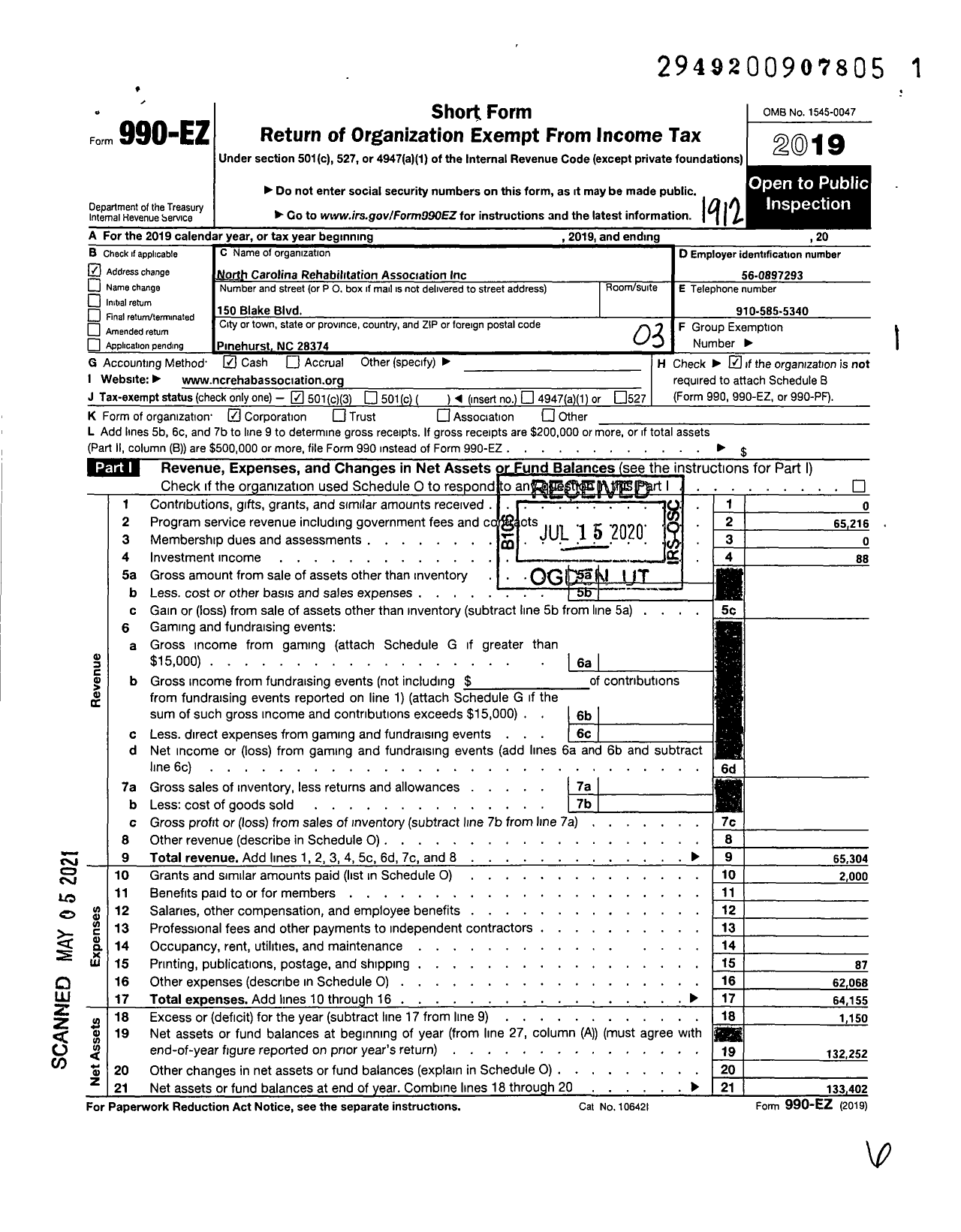 Image of first page of 2019 Form 990EZ for North Carolina Rehabilitation Association