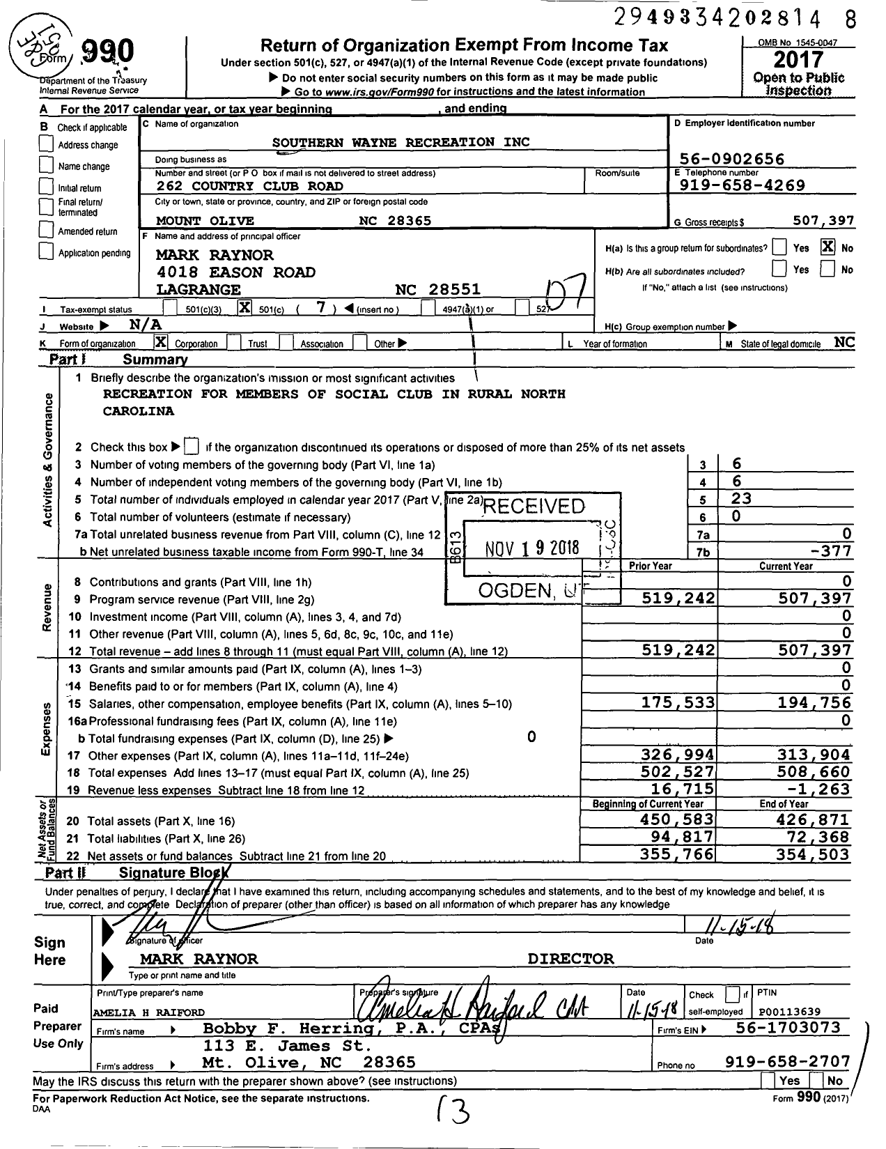 Image of first page of 2017 Form 990O for Southern Wayne Recreation