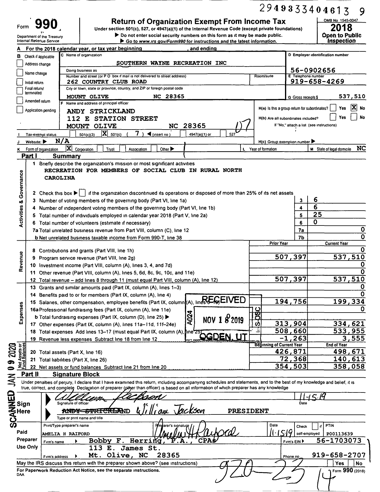 Image of first page of 2018 Form 990O for Southern Wayne Recreation