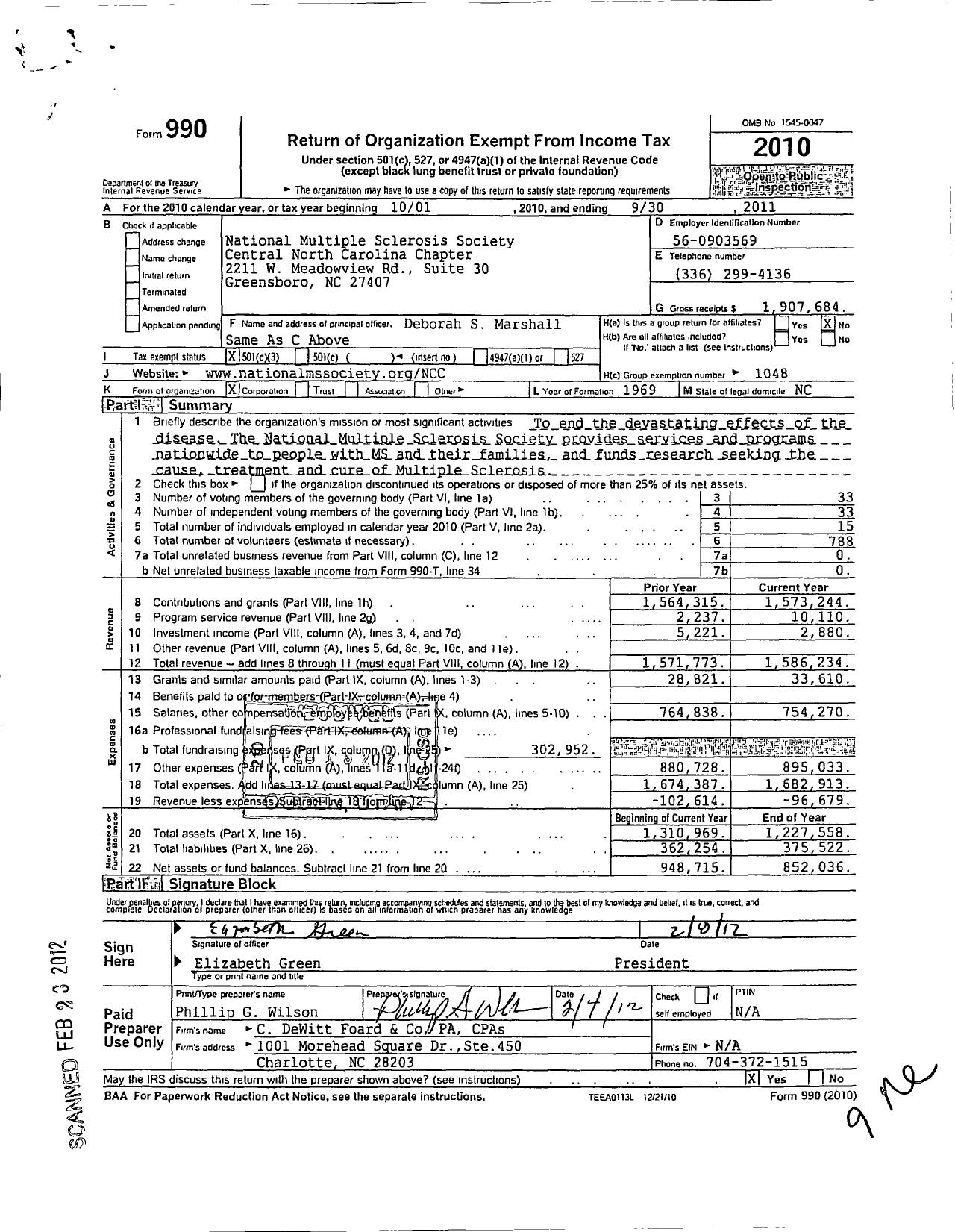 Image of first page of 2010 Form 990 for National Multiple Sclerosis Society Central North Carolina Chapt