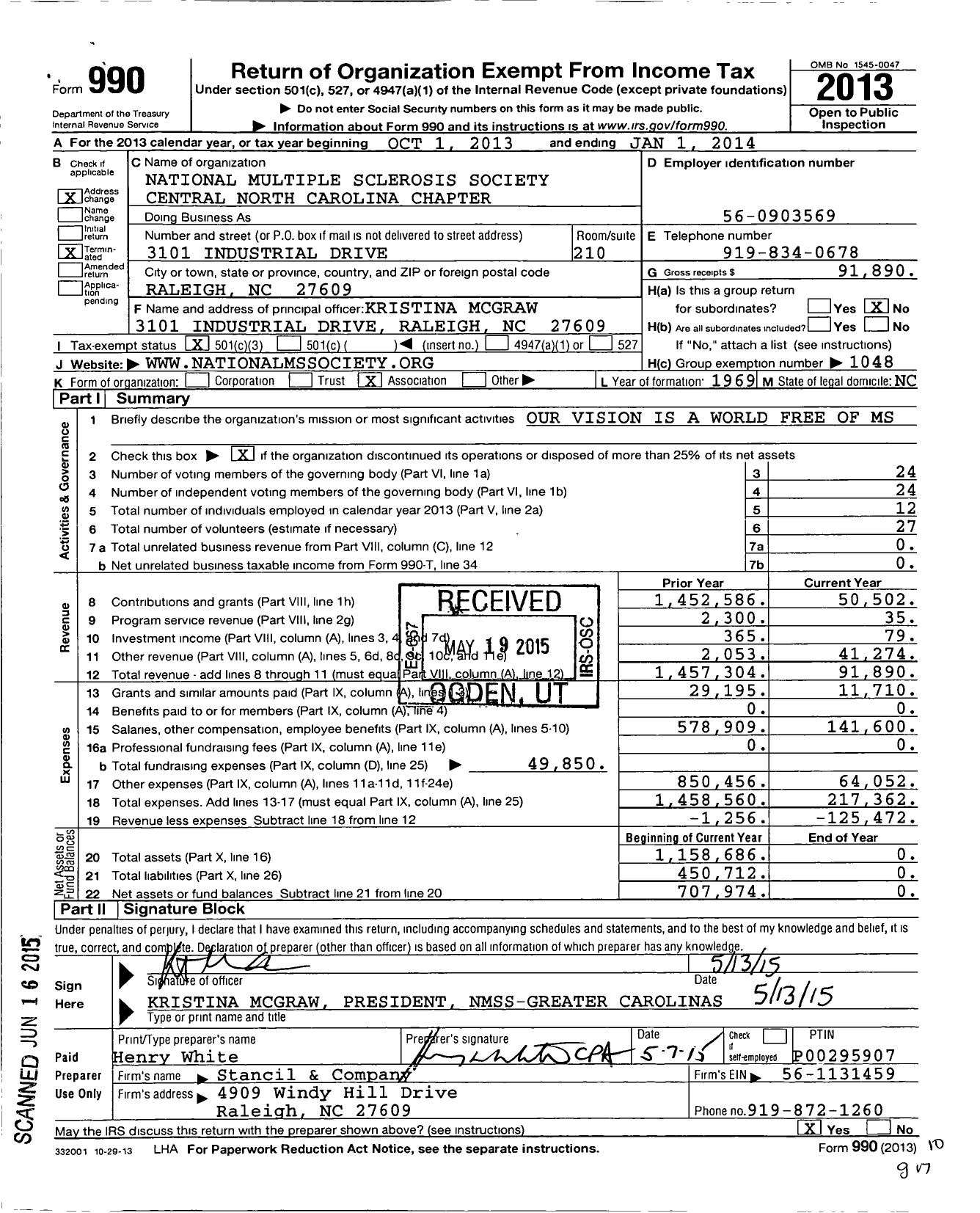 Image of first page of 2013 Form 990 for National Multiple Sclerosis Society Central North Carolina Chapt